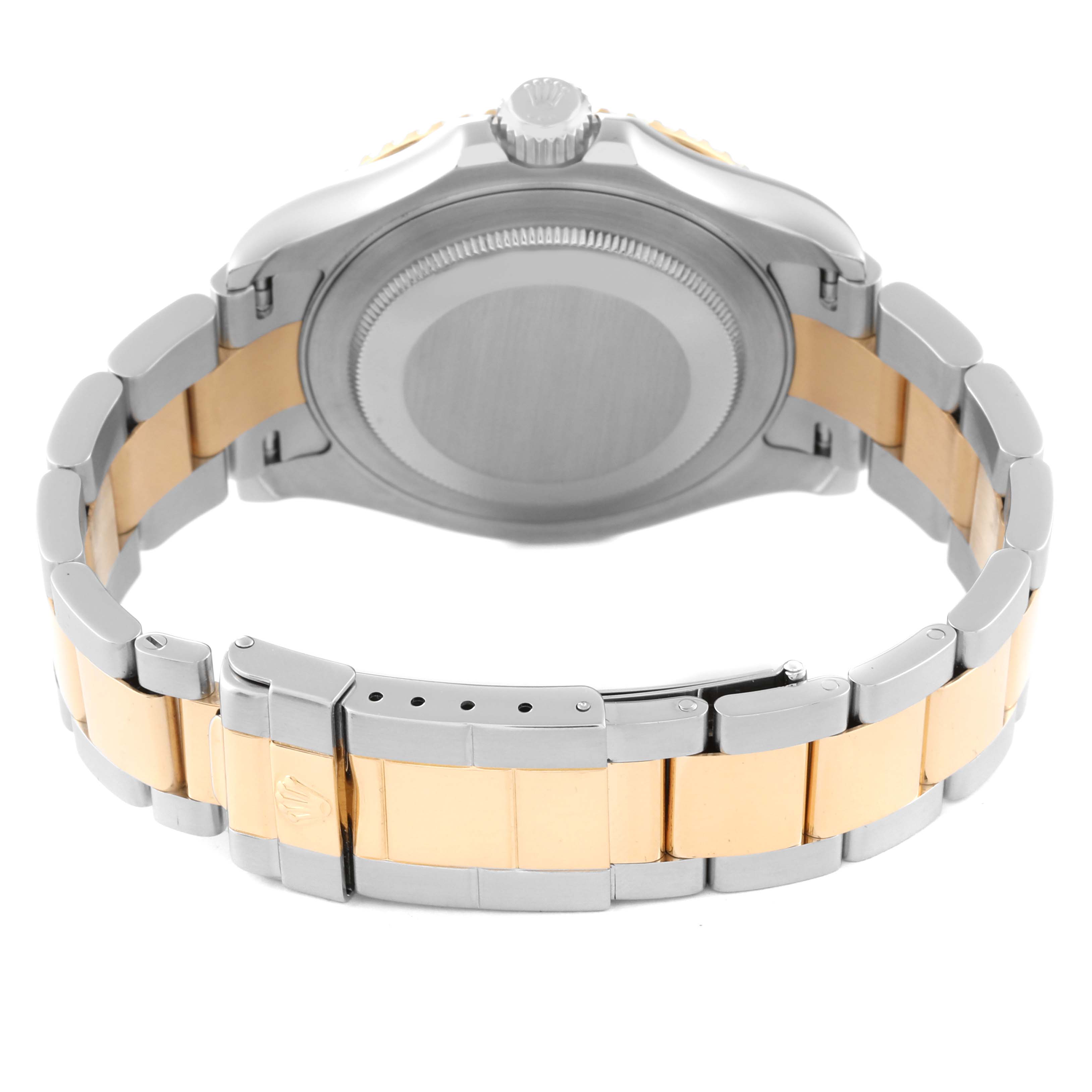 The image shows the back view of a Rolex Yacht-Master 16623 Men's Steel and Gold (two tone) Mother of Pearl Dial 16623 Men's Steel and Gold (two tone) Mother of Pearl Dial watch, highlighting the clasp and bracelet.