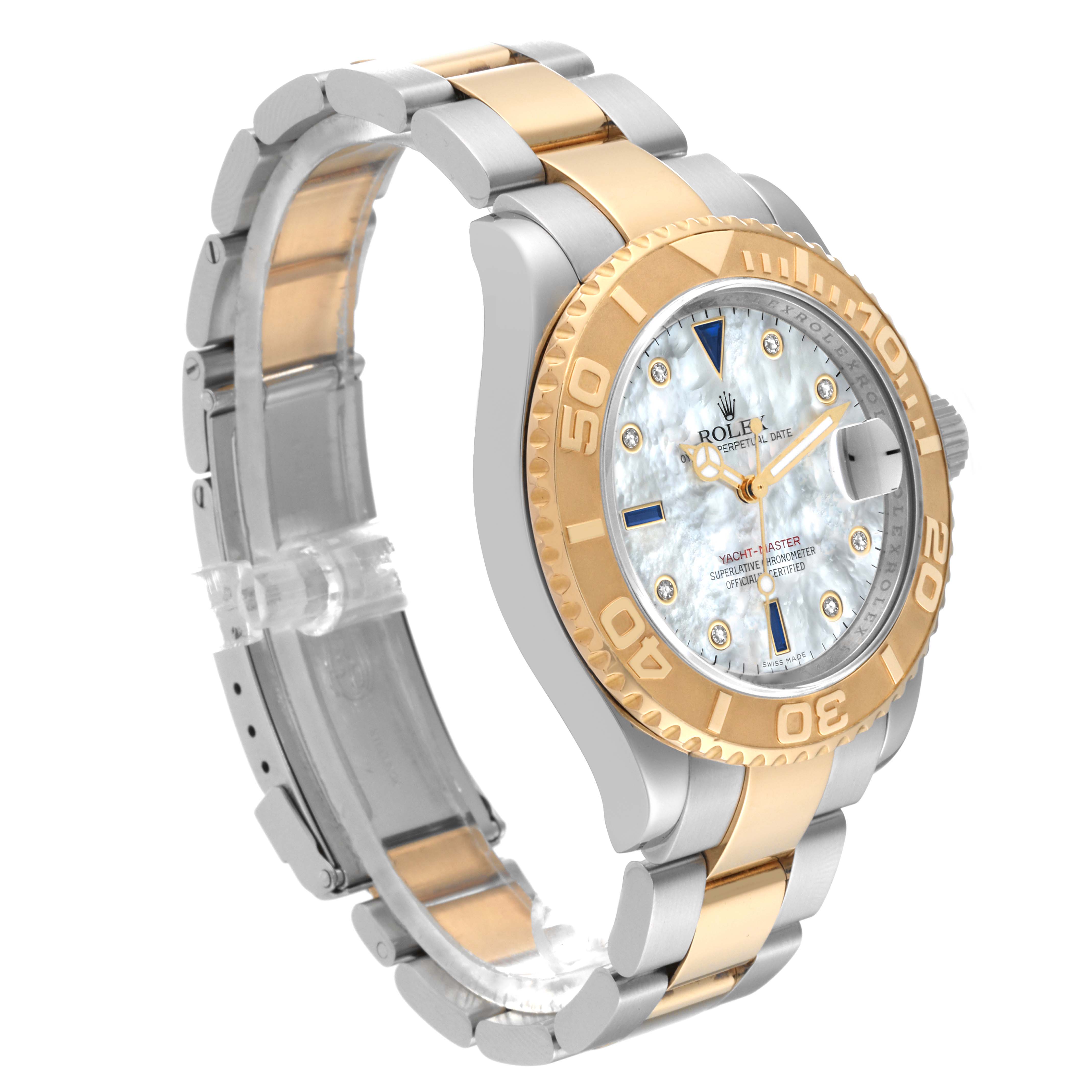 The watch shown is a Rolex Yacht-Master 16623 Men's Steel and Gold (two tone) Mother of Pearl Dial 16623 Men's Steel and Gold (two tone) Mother of Pearl Dial model, viewed at an angle highlighting the dial, bezel, and two-tone bracelet.