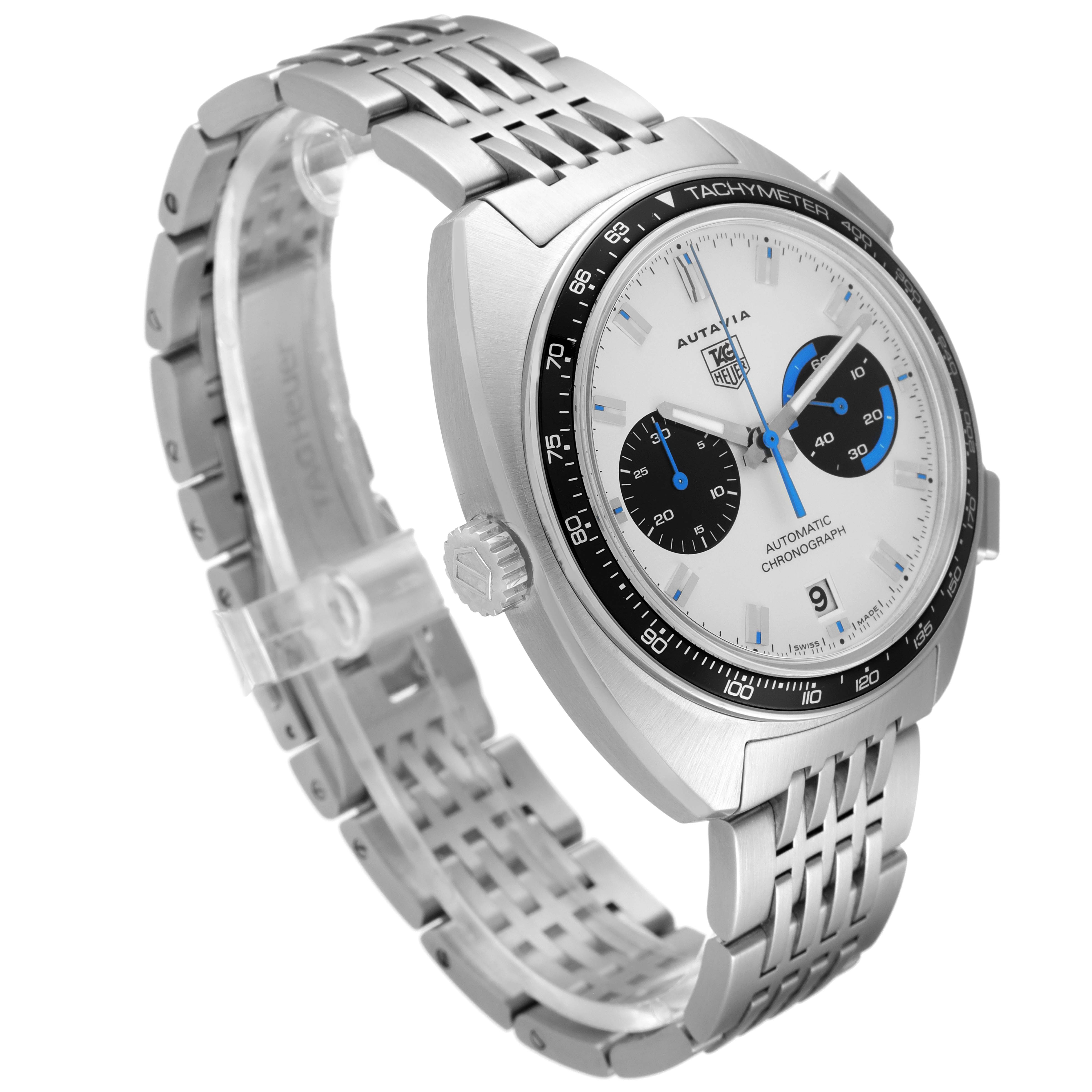 The image shows a side angle of the Tag Heuer Autavia CY2110 Men's Stainless Steel White Dial CY2110 Men's Stainless Steel White Dial watch, highlighting the bracelet, crown, and face details.