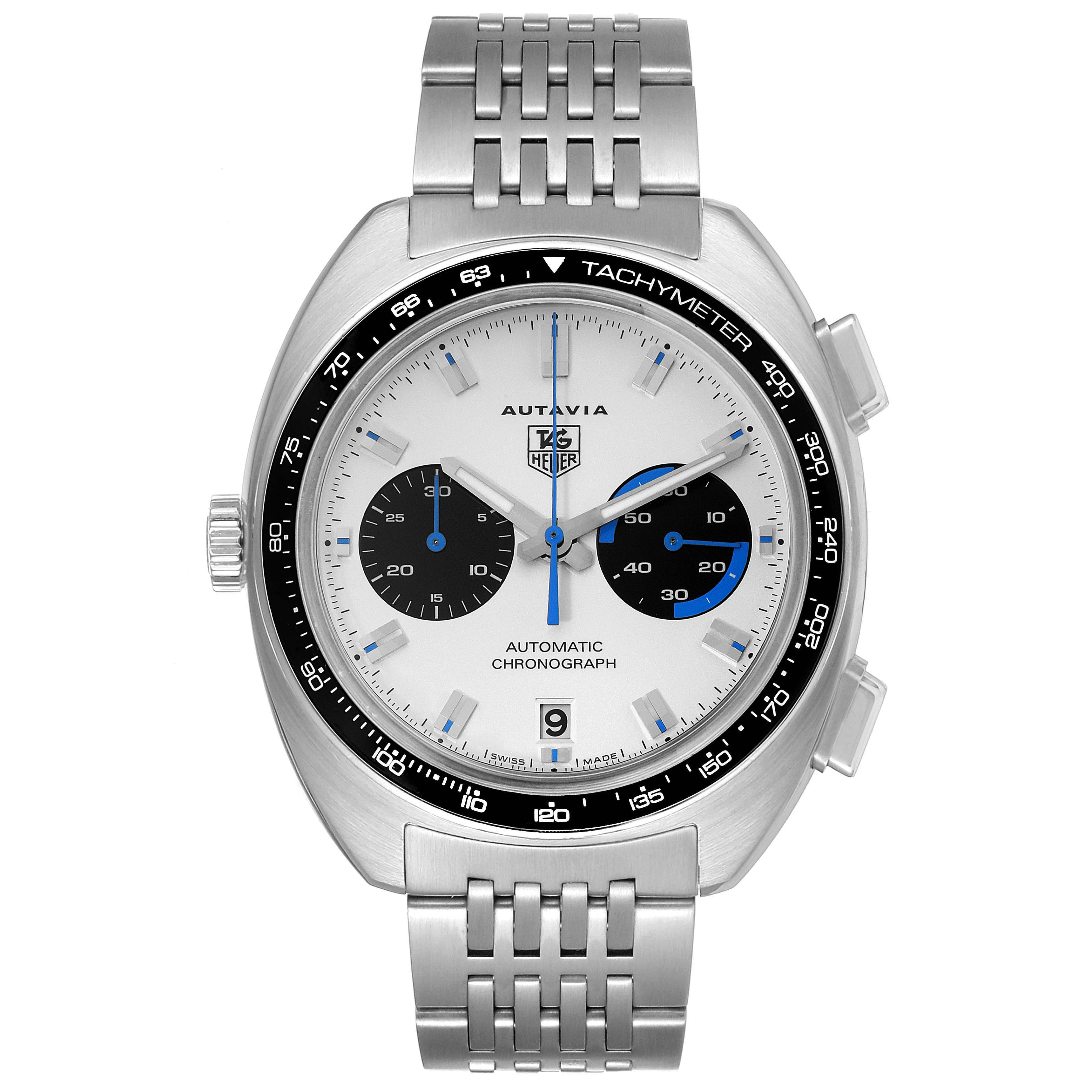 The image shows a front view of a Tag Heuer Autavia CY2110 Men's Stainless Steel White Dial CY2110 Men's Stainless Steel White Dial model watch, displaying its dial, bezel, and bracelet.
