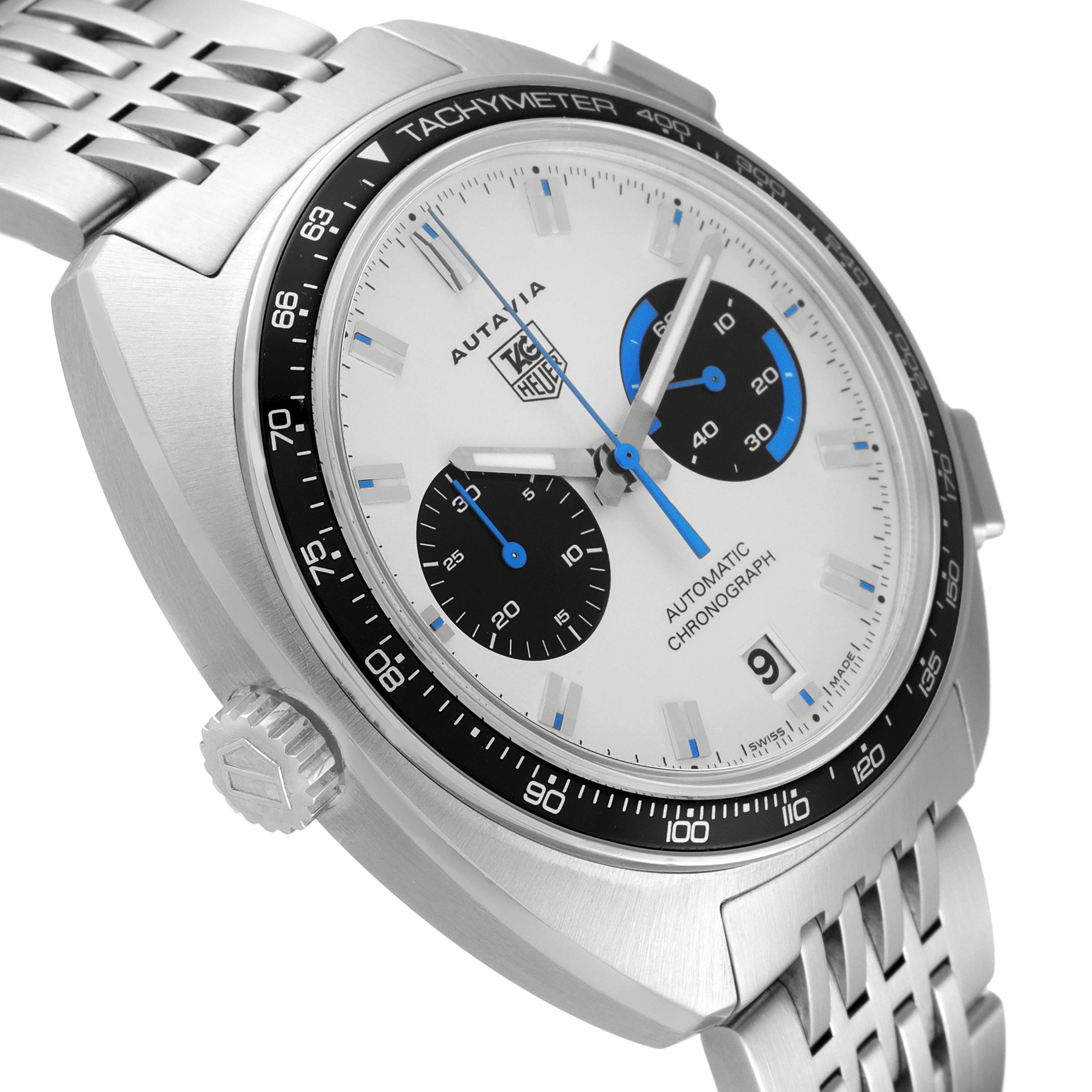 The Tag Heuer Autavia CY2110 Men's Stainless Steel White Dial CY2110 Men's Stainless Steel White Dial watch is shown at an angle, highlighting the face, tachymeter bezel, crown, chronograph subdials, and part of the bracelet.