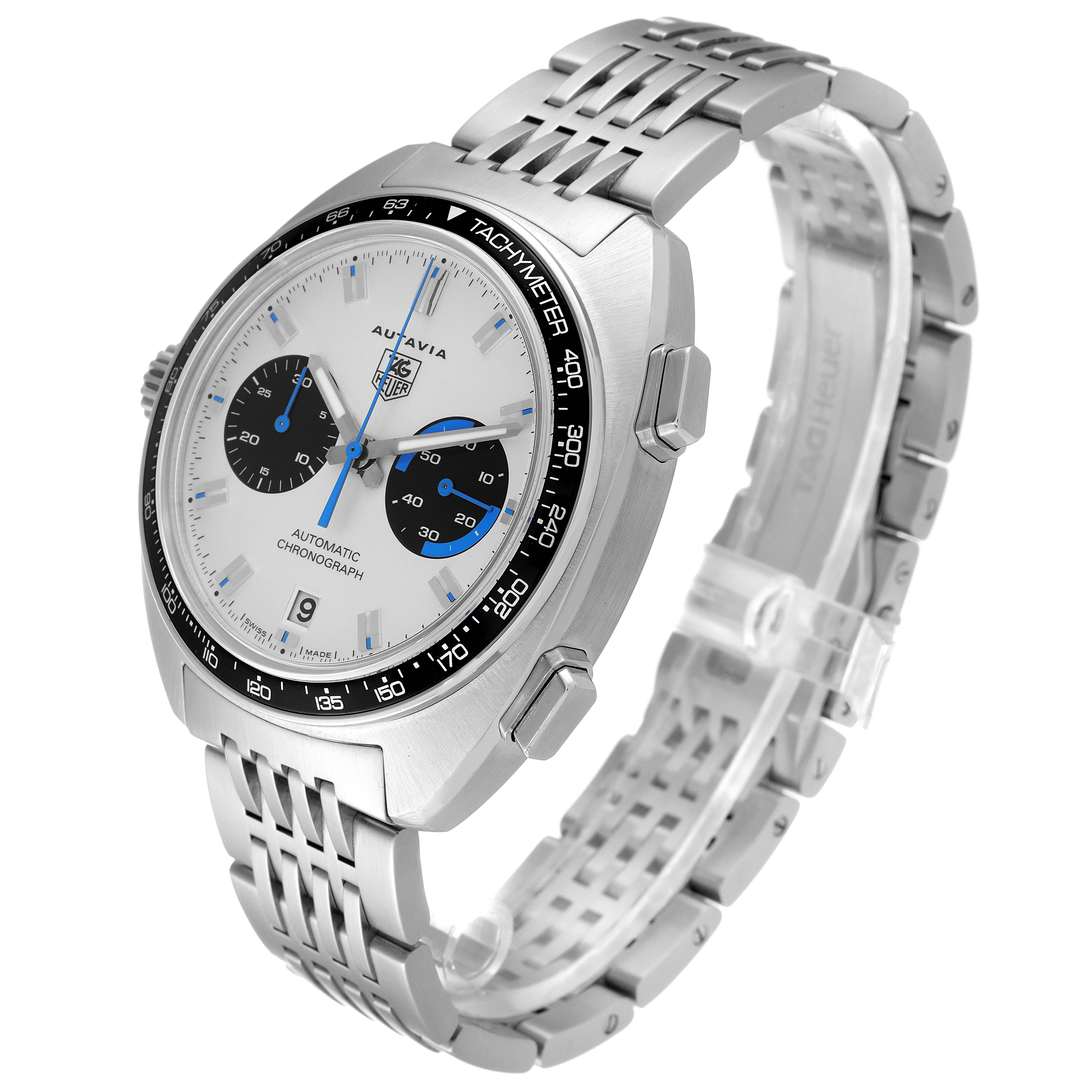 The image shows a side angle of the Tag Heuer Autavia CY2110 Men's Stainless Steel White Dial CY2110 Men's Stainless Steel White Dial watch, highlighting its dial, bezel, and metal bracelet.