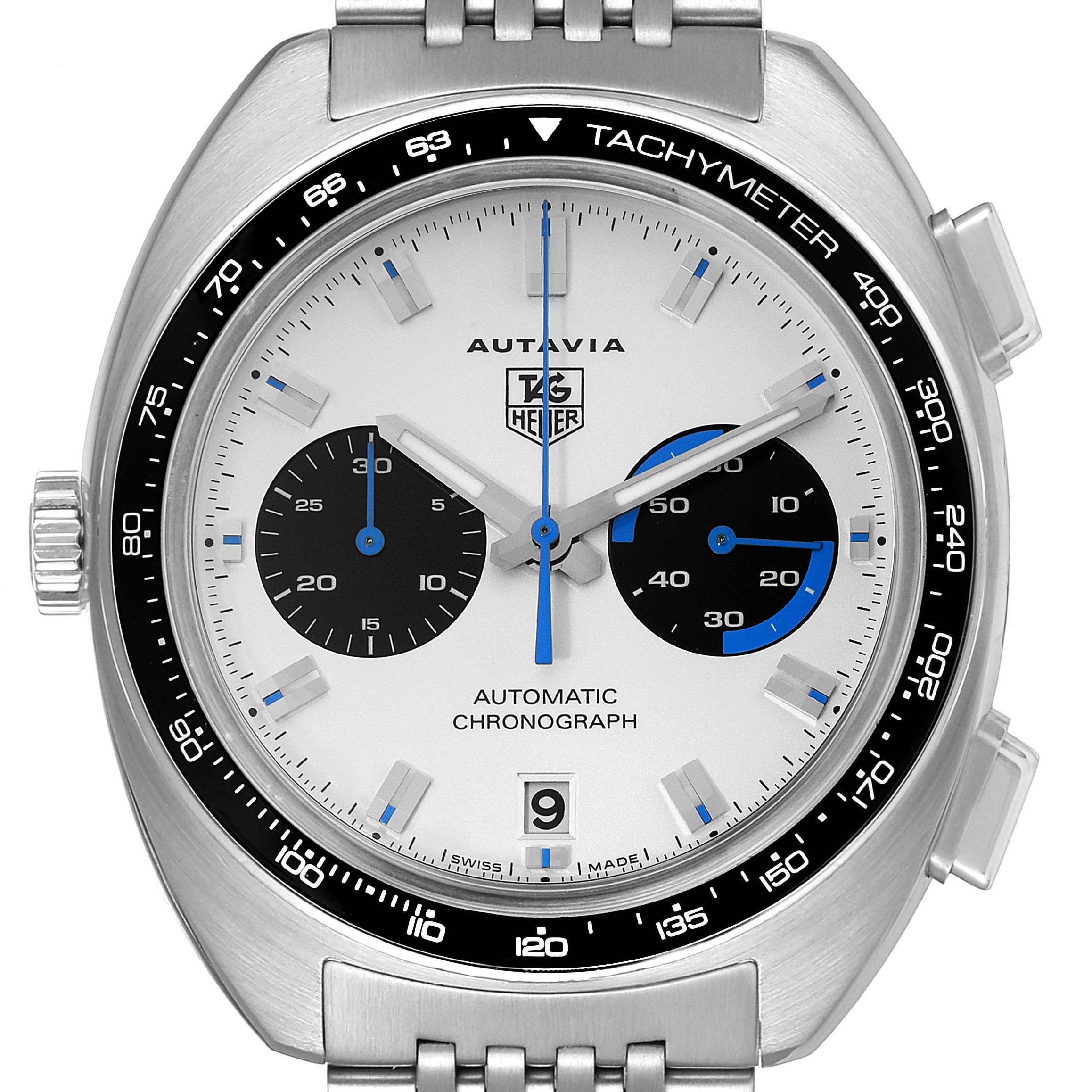 This image shows a front angle of a Tag Heuer Autavia CY2110 Men's Stainless Steel White Dial CY2110 Men's Stainless Steel White Dial watch, highlighting its dial, subdials, tachymeter, and date window.