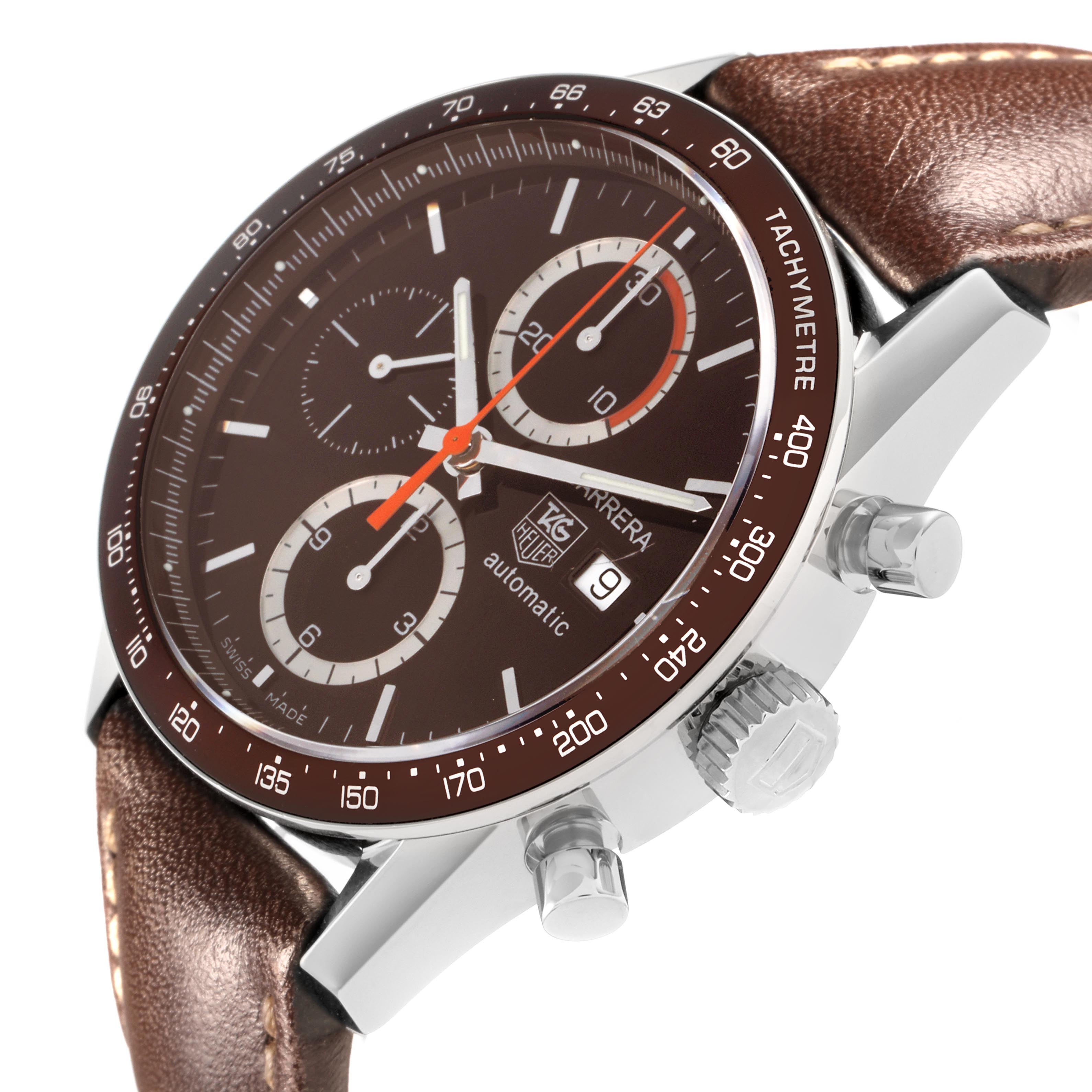 The Tag Heuer Carrera CV2013-3 Men's Stainless Steel Brown Dial CV2013-3 Men's Stainless Steel Brown Dial watch is shown at an angled side view, highlighting the dial, crown, pushers, and brown leather strap.