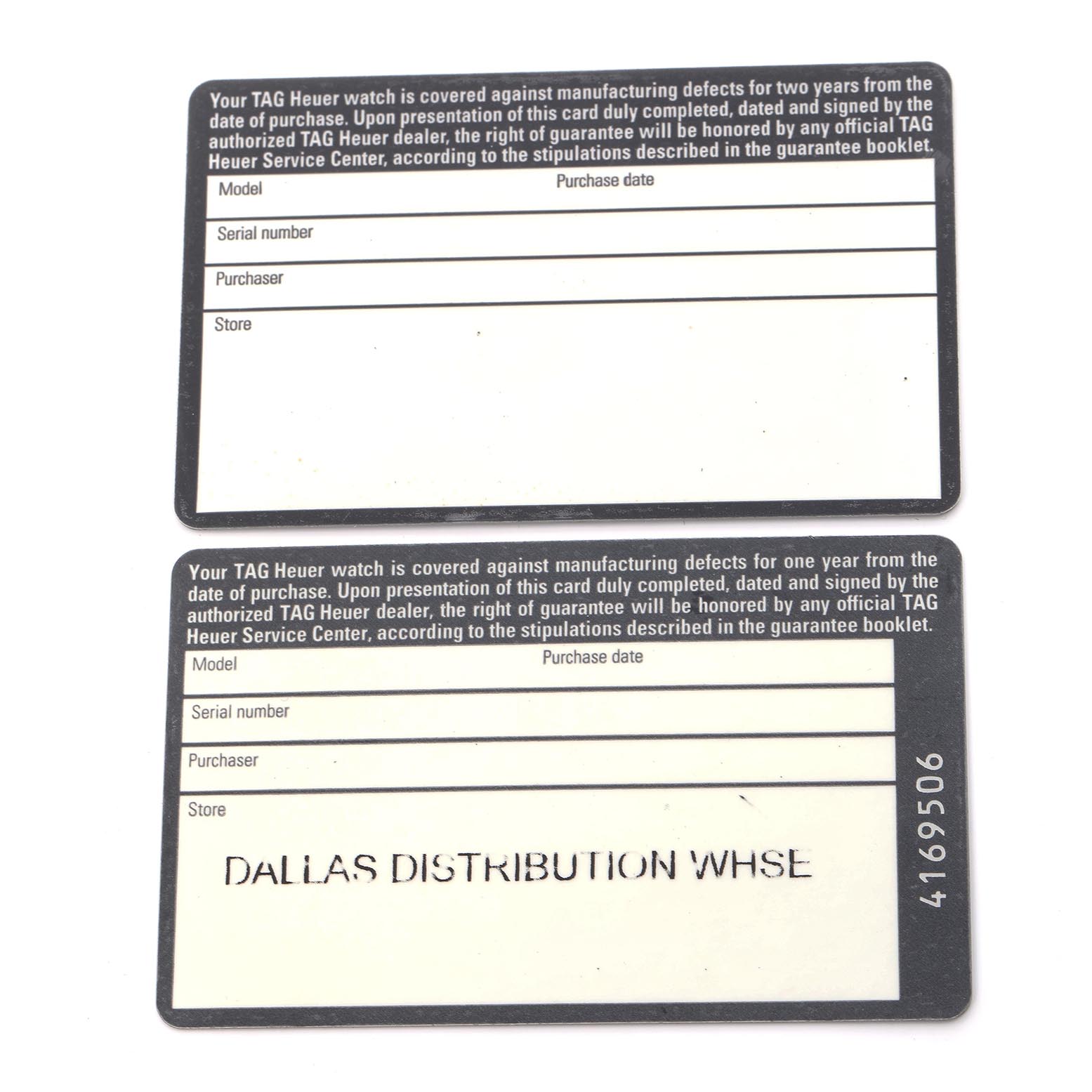 The image shows two warranty cards for a Tag Heuer Carrera CV2013-3 Men's Stainless Steel Brown Dial CV2013-3 Men's Stainless Steel Brown Dial watch, detailing model, purchase date, serial number, purchaser, and store.