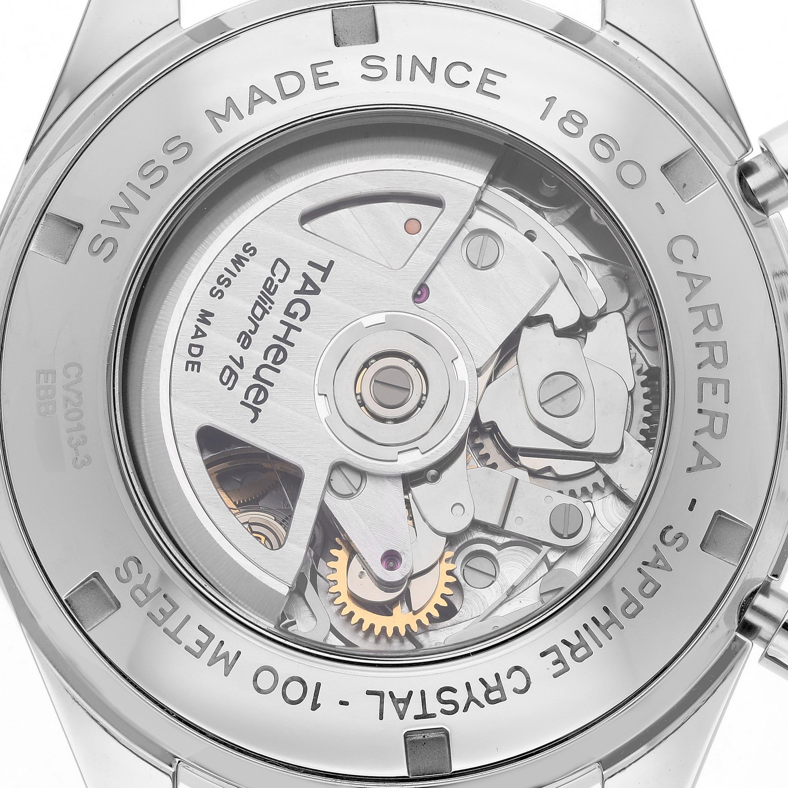 This image shows the back view of the Tag Heuer Carrera CV2013-3 Men's Stainless Steel Brown Dial CV2013-3 Men's Stainless Steel Brown Dial watch, highlighting its internal mechanisms and inscriptions.