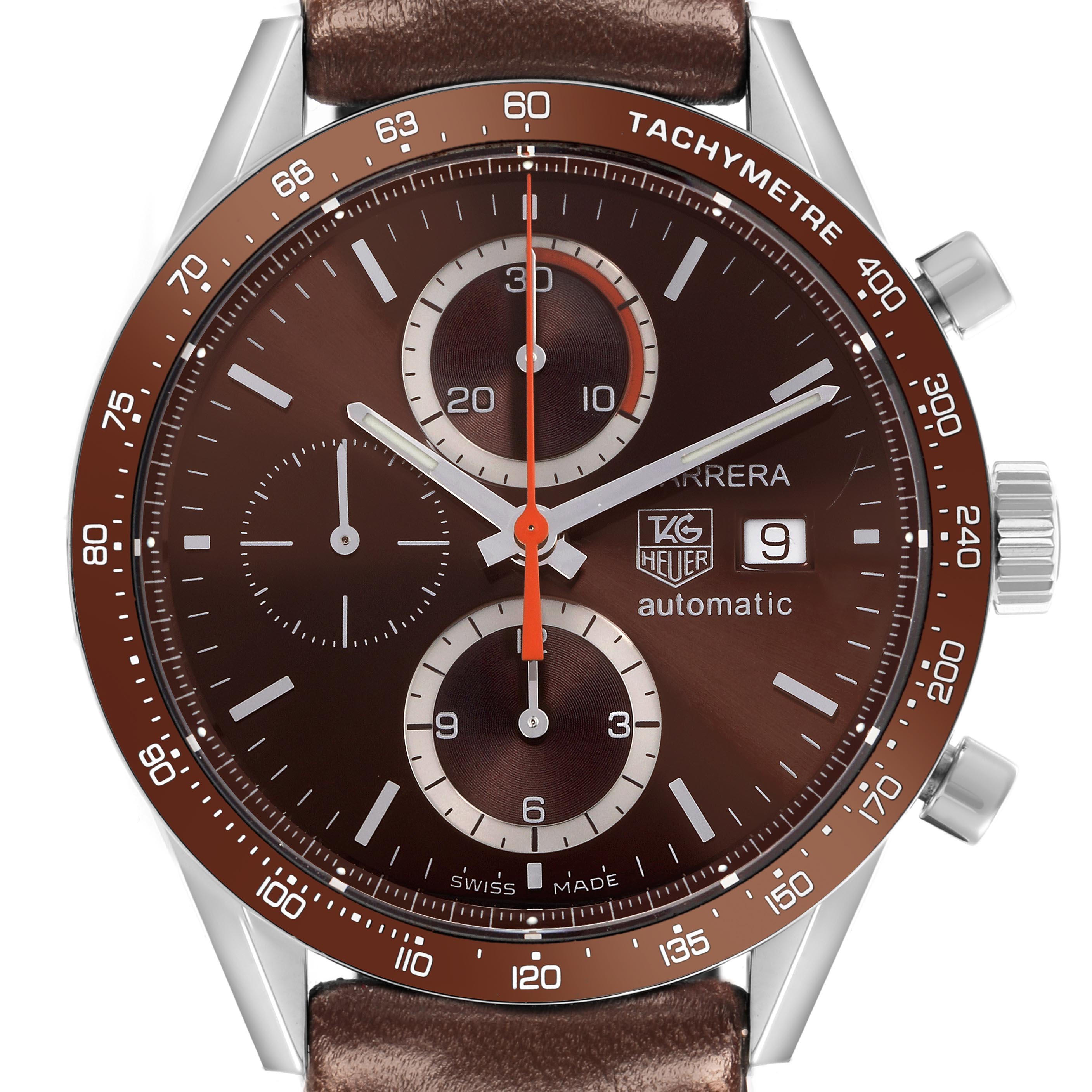 The Tag Heuer Carrera CV2013-3 Men's Stainless Steel Brown Dial CV2013-3 Men's Stainless Steel Brown Dial watch is shown from the front, displaying the dial, bezel, pushers, and part of the strap.