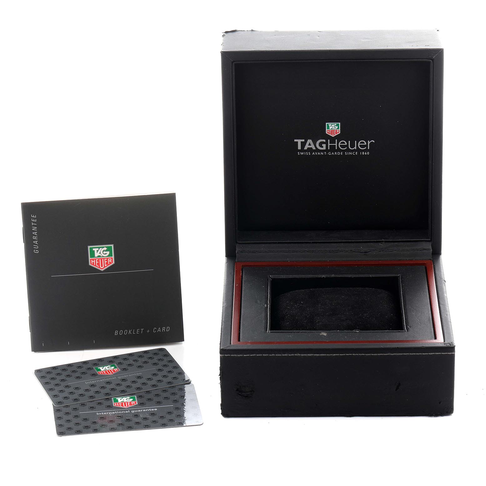 The image shows a Tag Heuer Carrera CV2013-3 Men's Stainless Steel Brown Dial CV2013-3 Men's Stainless Steel Brown Dial watch box, booklet, and guarantee cards from a front angle.