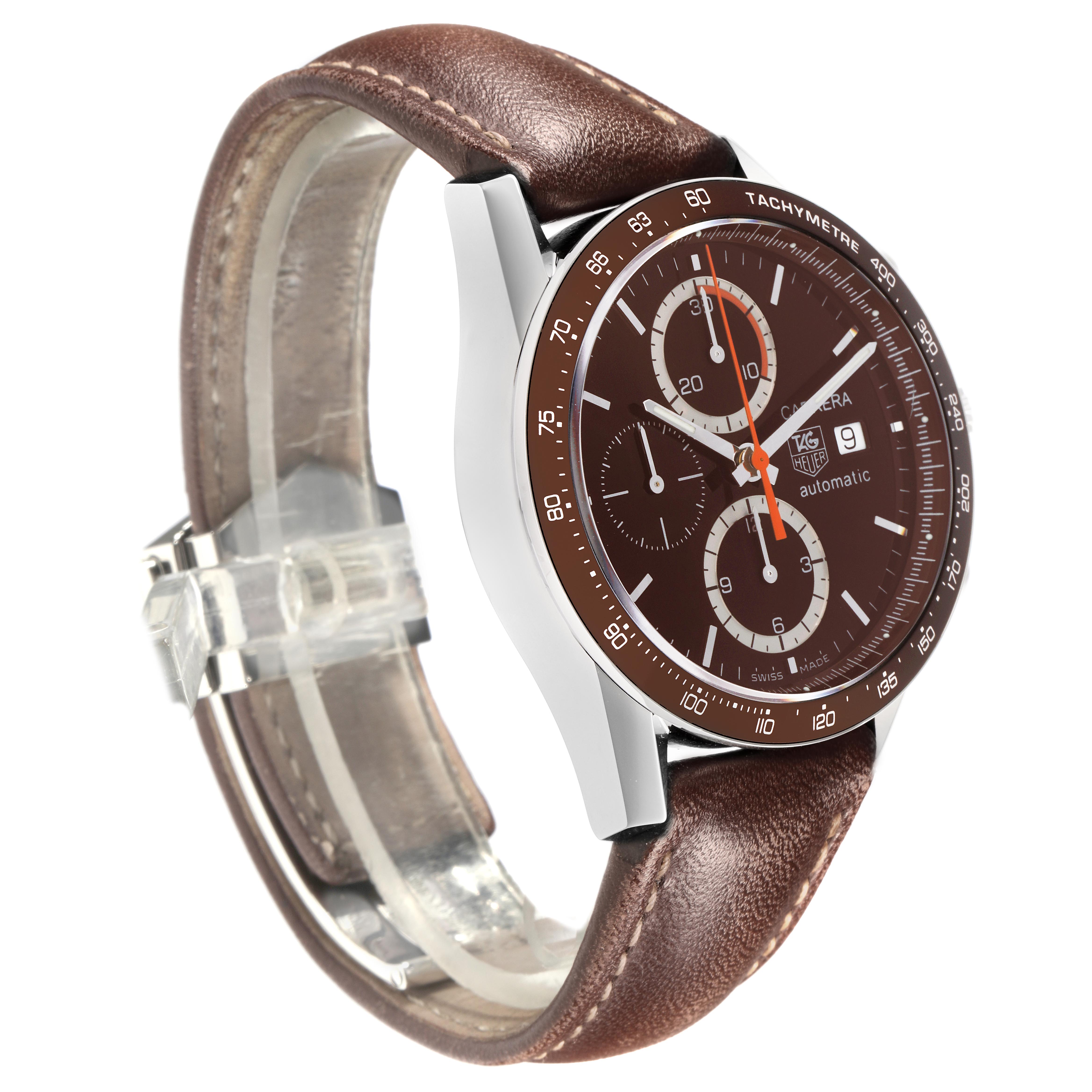 The Tag Heuer Carrera CV2013-3 Men's Stainless Steel Brown Dial CV2013-3 Men's Stainless Steel Brown Dial watch is shown at an angled side view, highlighting its brown dial, tachymeter bezel, and leather strap.