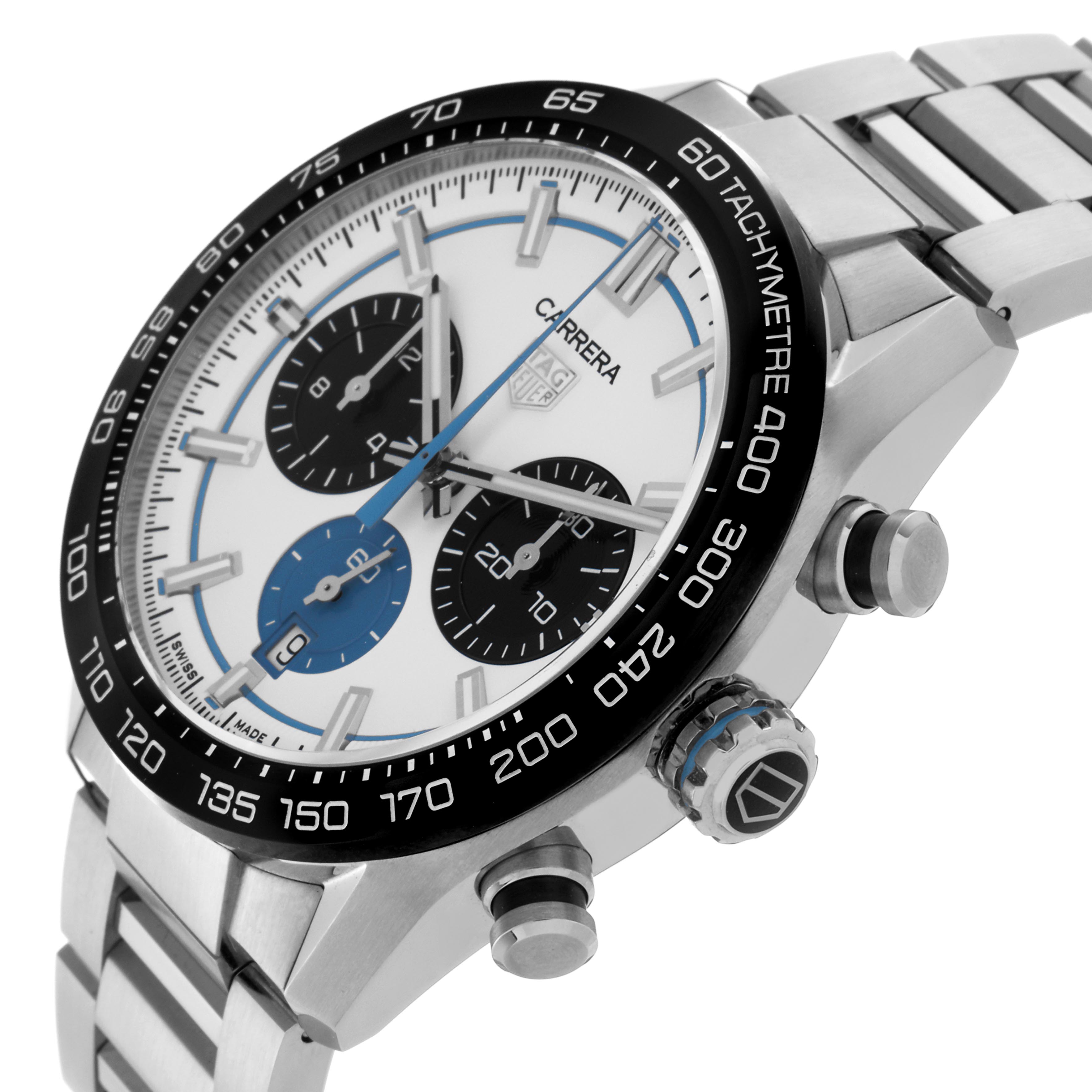 The Tag Heuer Carrera CBN2A1P.BA0643 Men's Stainless Steel White Dial CBN2A1P.BA0643 Men's Stainless Steel White Dial watch is shown at a three-quarter angle, highlighting the bezel, chronograph dials, and metal bracelet.