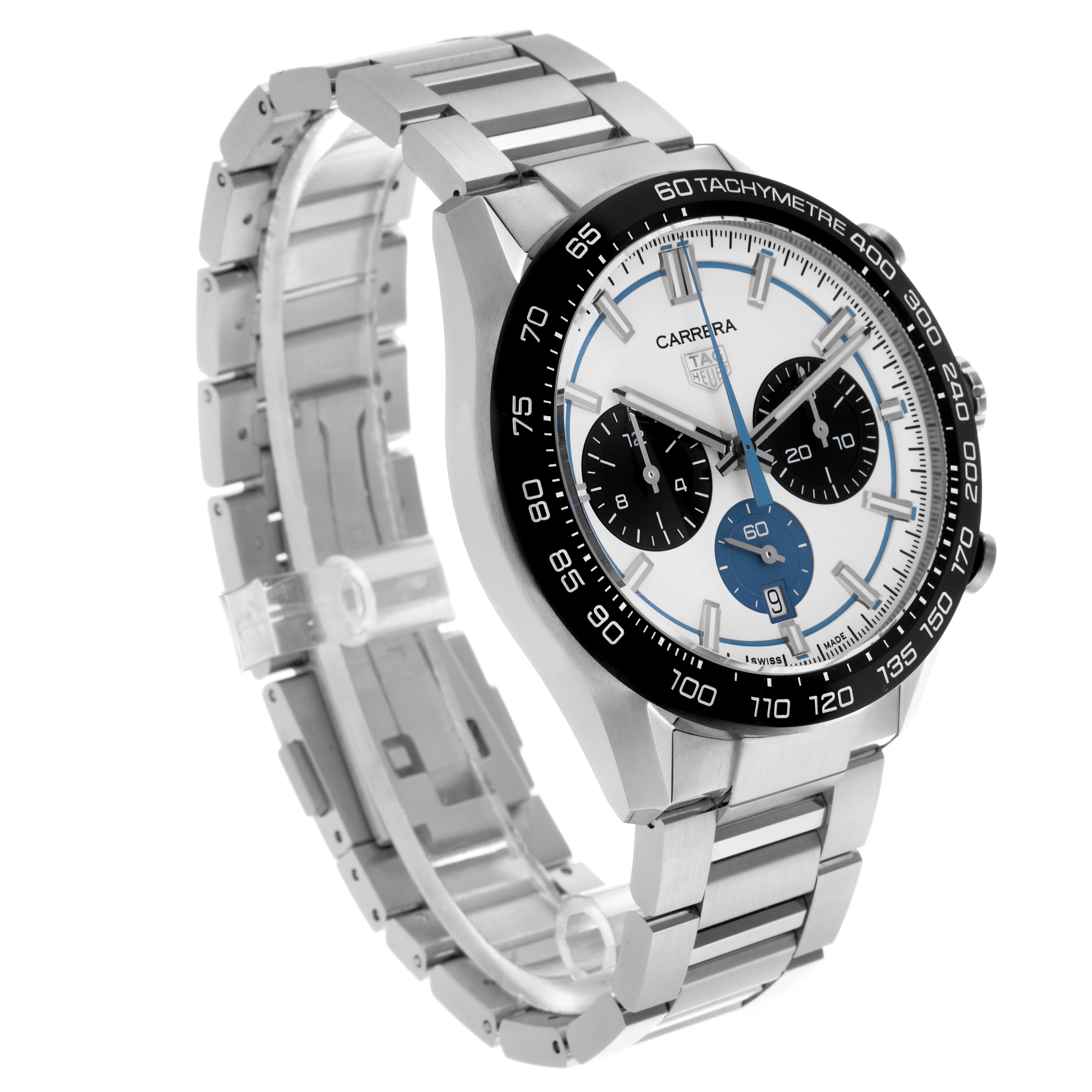 The Tag Heuer Carrera CBN2A1P.BA0643 Men's Stainless Steel White Dial CBN2A1P.BA0643 Men's Stainless Steel White Dial watch is shown at a three-quarter angle, highlighting the face, bezel, and bracelet.