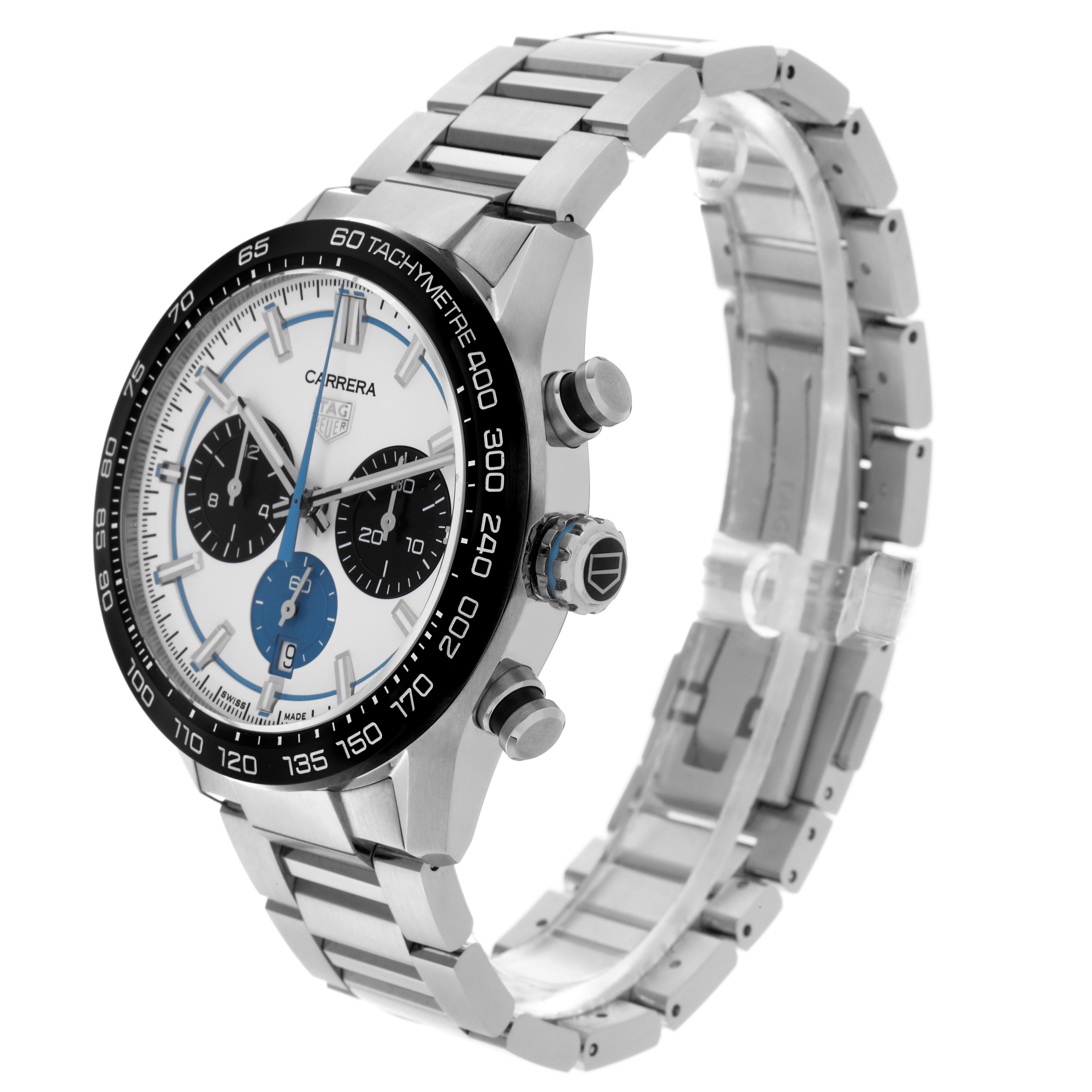 The Tag Heuer Carrera CBN2A1P.BA0643 Men's Stainless Steel White Dial CBN2A1P.BA0643 Men's Stainless Steel White Dial watch is shown from a three-quarter angle highlighting the face, bezel, crown, and metal bracelet.