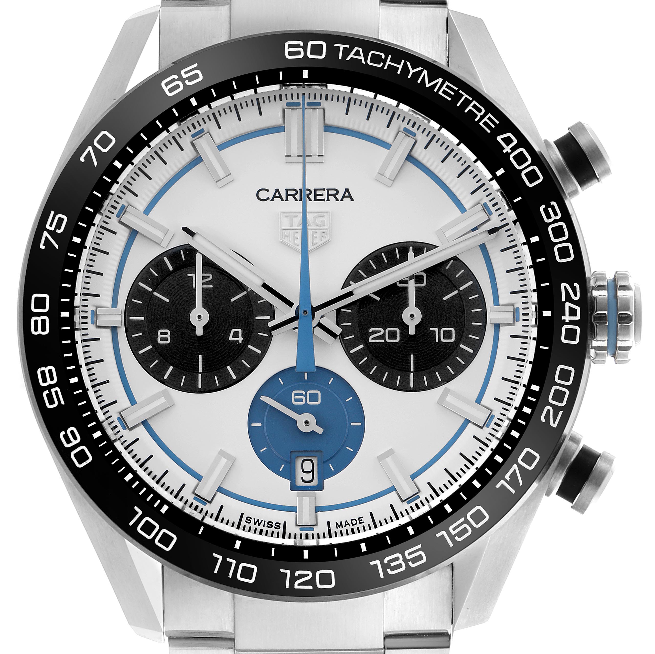 The image shows a frontal view of a Tag Heuer Carrera CBN2A1P.BA0643 Men's Stainless Steel White Dial CBN2A1P.BA0643 Men's Stainless Steel White Dial watch, highlighting the dial, tachymeter bezel, and chronograph subdials.