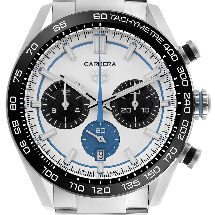 The image shows a frontal view of a Tag Heuer Carrera watch, highlighting the dial, tachymeter bezel, and chronograph subdials.