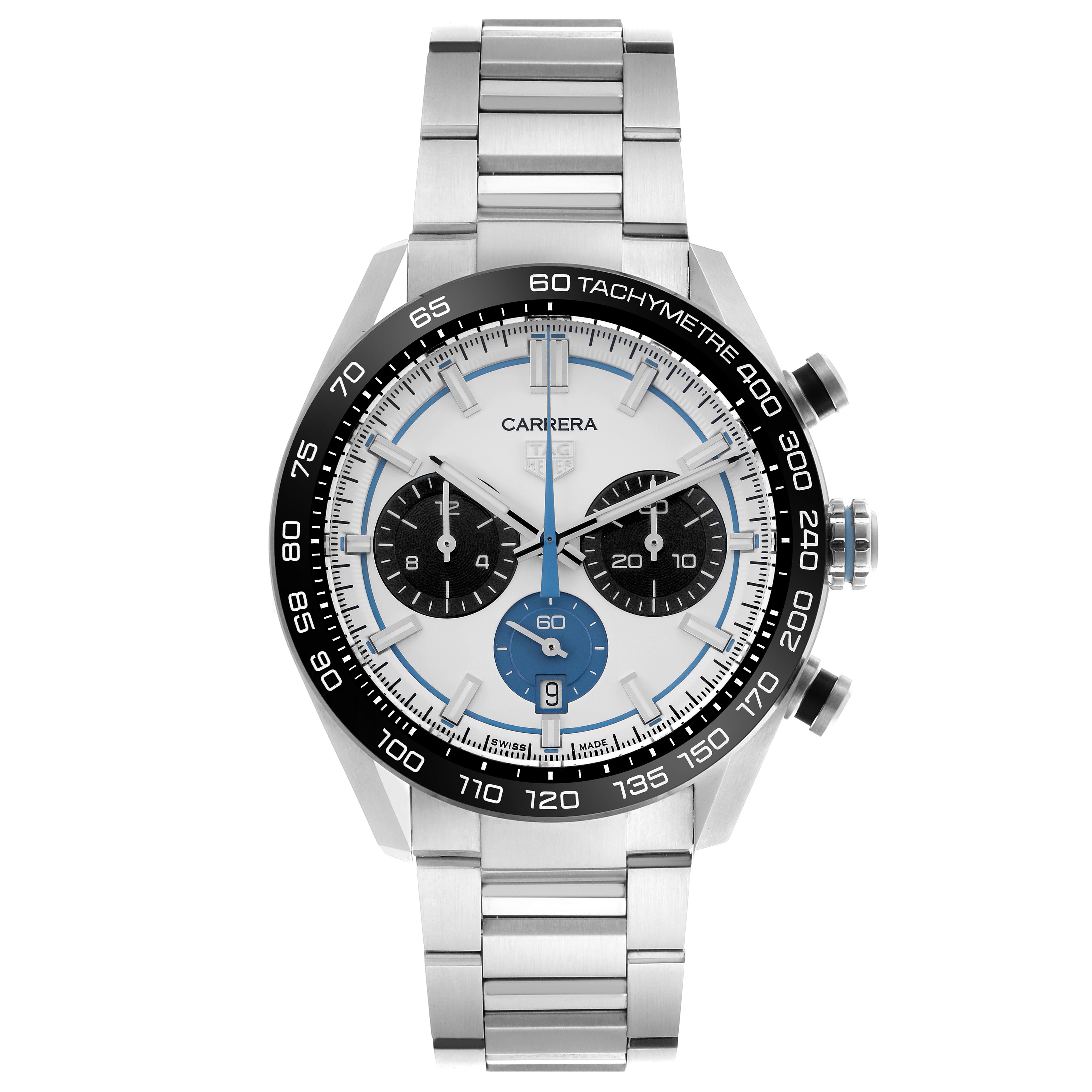 The Tag Heuer Carrera CBN2A1P.BA0643 Men's Stainless Steel White Dial CBN2A1P.BA0643 Men's Stainless Steel White Dial watch is shown from a top-down angle, highlighting the dial, bezel, and metal bracelet.