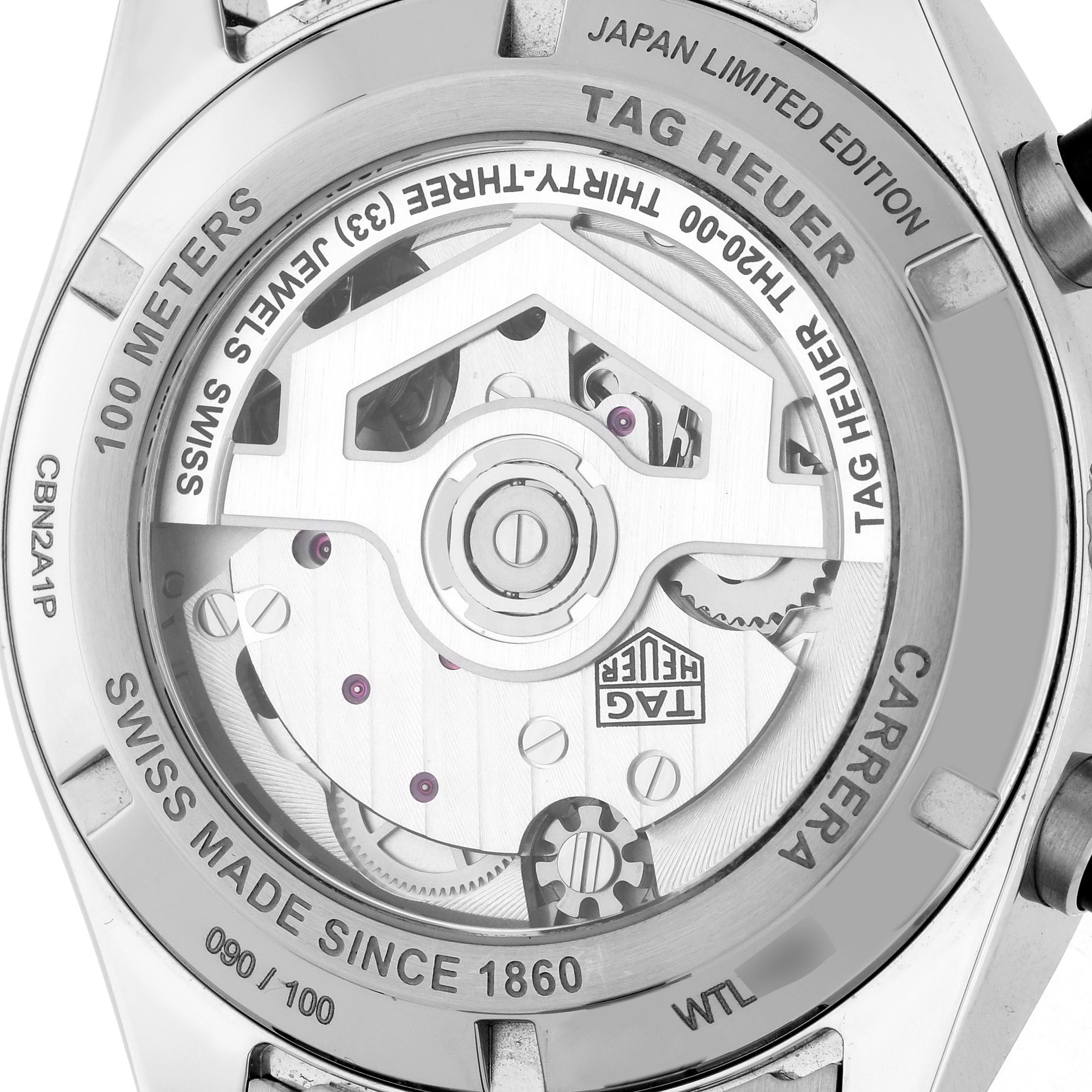 The Tag Heuer Carrera CBN2A1P.BA0643 Men's Stainless Steel White Dial CBN2A1P.BA0643 Men's Stainless Steel White Dial watch is shown from the back, displaying its intricate movement and rotor inside a transparent case back.