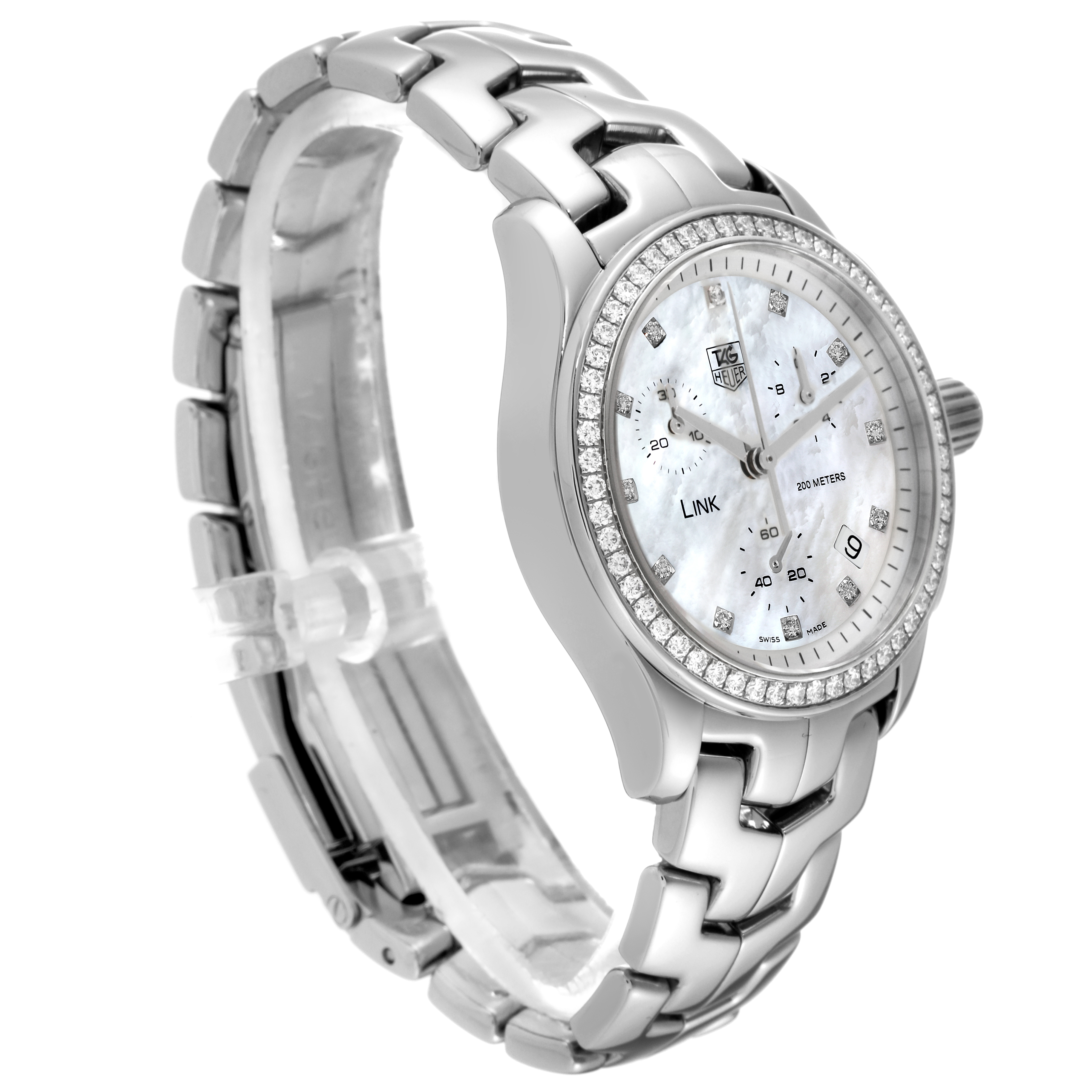 The image shows a Tag Heuer Link CJF1314 Women's Stainless Steel Mother of Pearl Dial CJF1314 Women's Stainless Steel Mother of Pearl Dial model watch angled to display its face, bezel, crown, and metal bracelet.