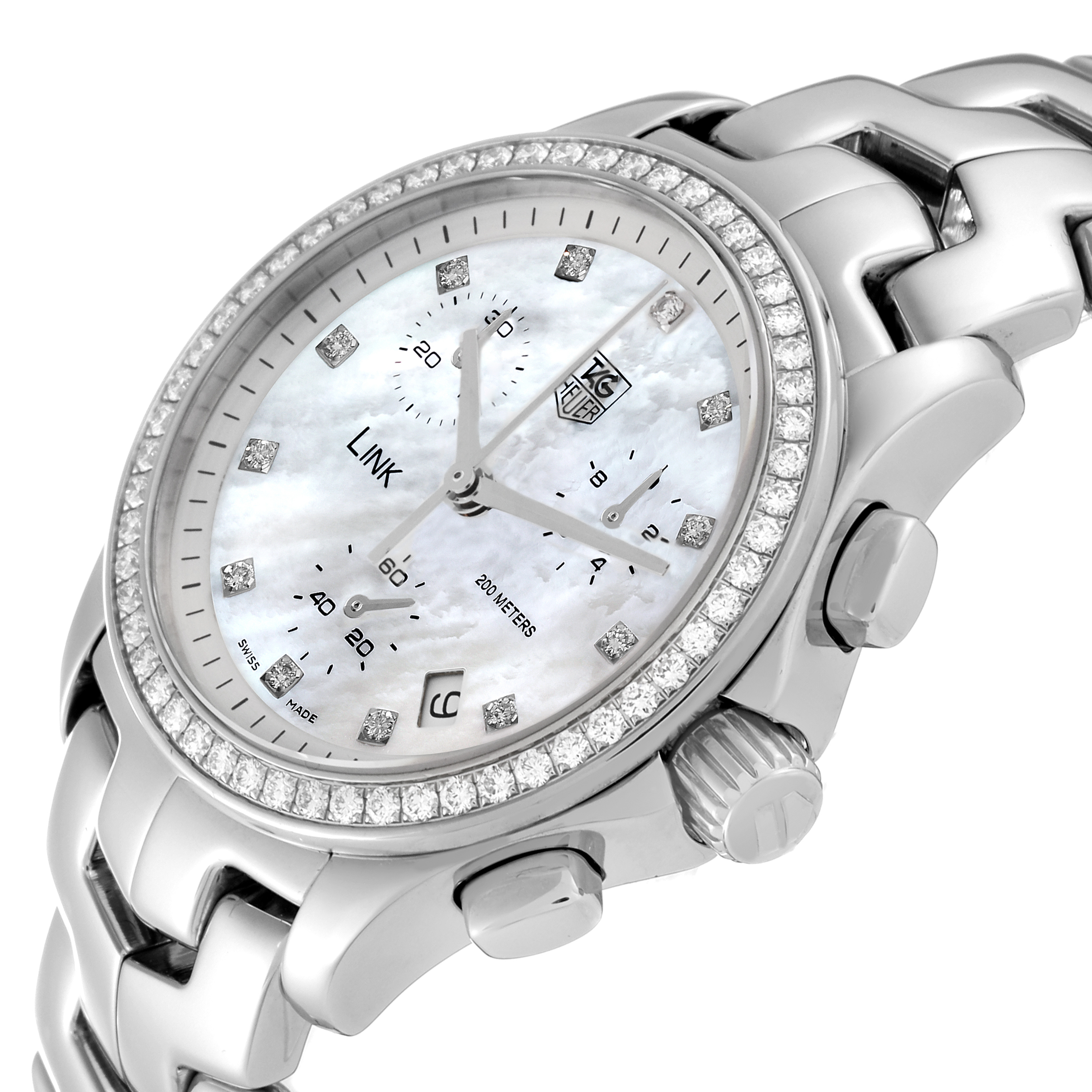 The Tag Heuer Link CJF1314 Women's Stainless Steel Mother of Pearl Dial CJF1314 Women's Stainless Steel Mother of Pearl Dial model watch is shown at an angled close-up, highlighting its face, bezel, crown, and bracelet.