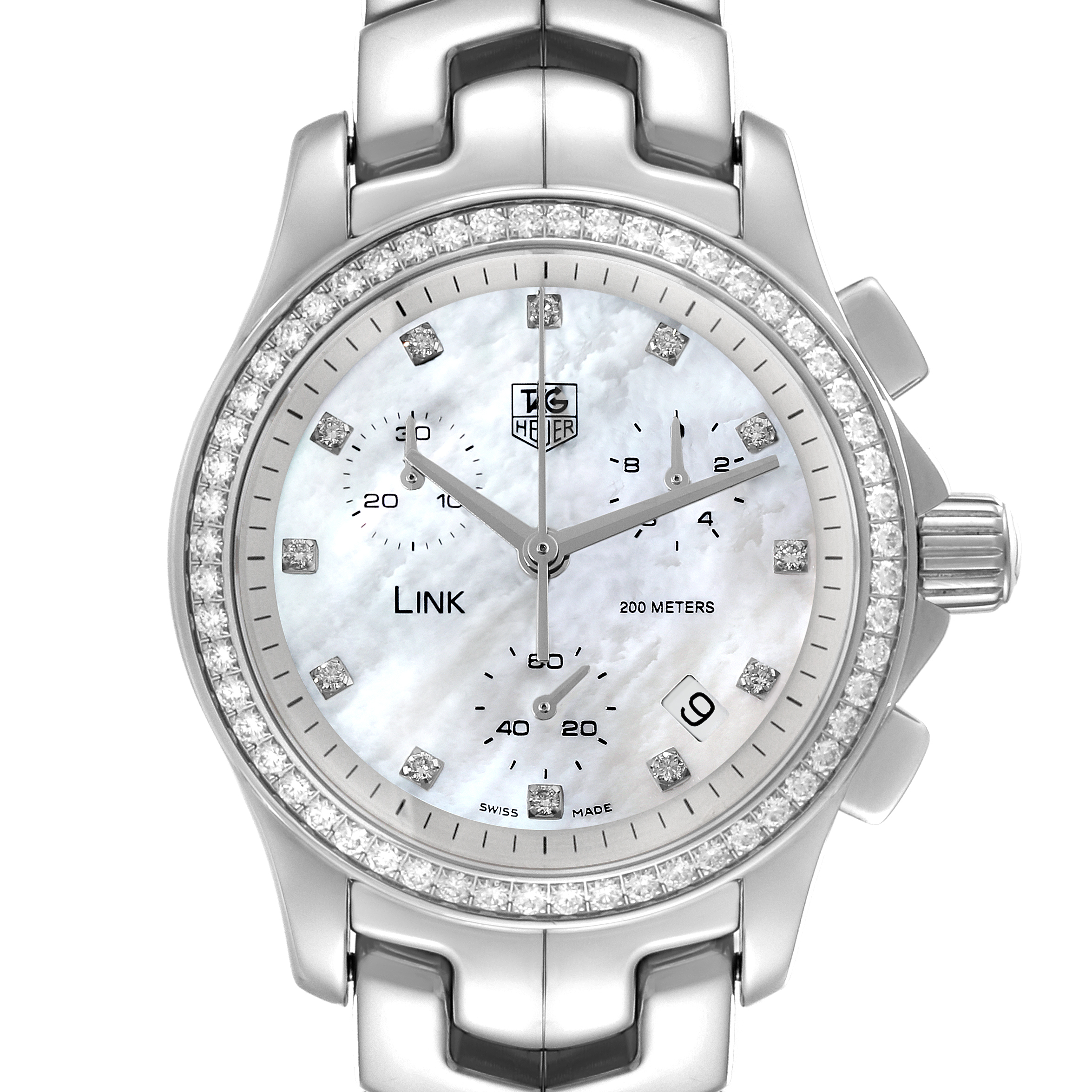 This image shows a front view of the Tag Heuer Link CJF1314 Women's Stainless Steel Mother of Pearl Dial CJF1314 Women's Stainless Steel Mother of Pearl Dial model watch, displaying the dial, bezel, and part of the bracelet.