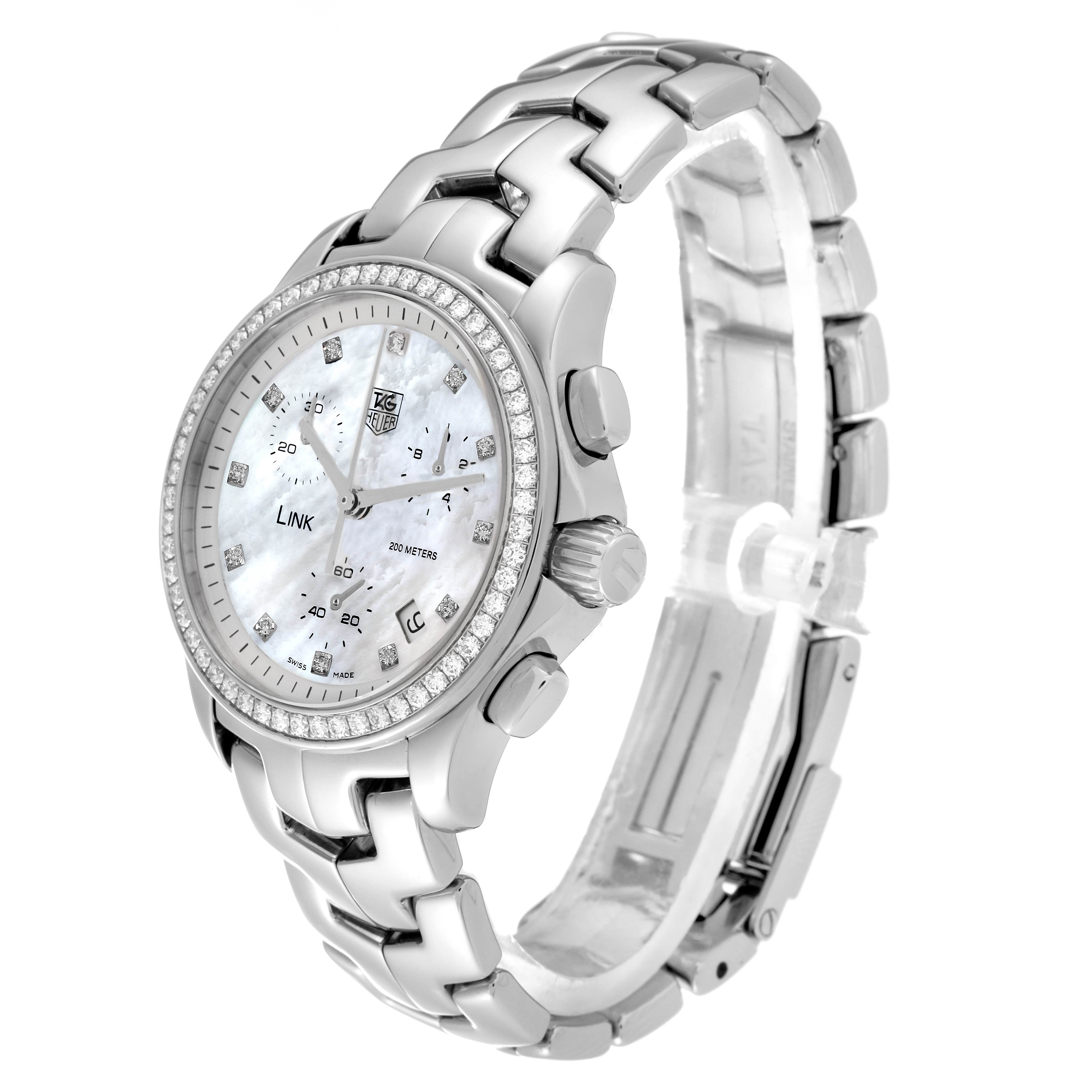 The image shows a Tag Heuer Link CJF1314 Women's Stainless Steel Mother of Pearl Dial CJF1314 Women's Stainless Steel Mother of Pearl Dial watch from a side angle, highlighting the face, band, and crown.