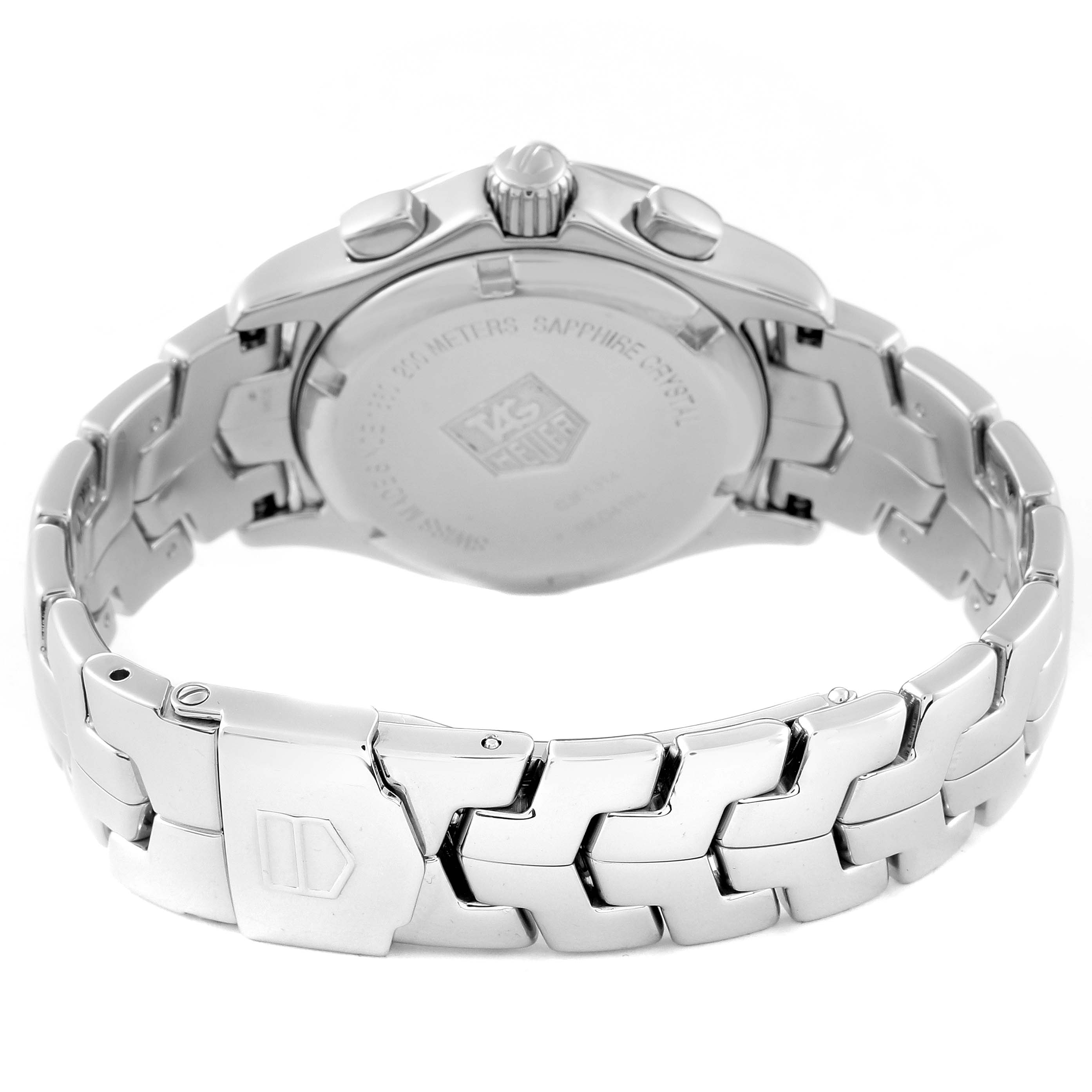 This image shows the back case and wristband of a Tag Heuer Link CJF1314 Women's Stainless Steel Mother of Pearl Dial CJF1314 Women's Stainless Steel Mother of Pearl Dial model watch, viewed from an angle showcasing its clasp and links.