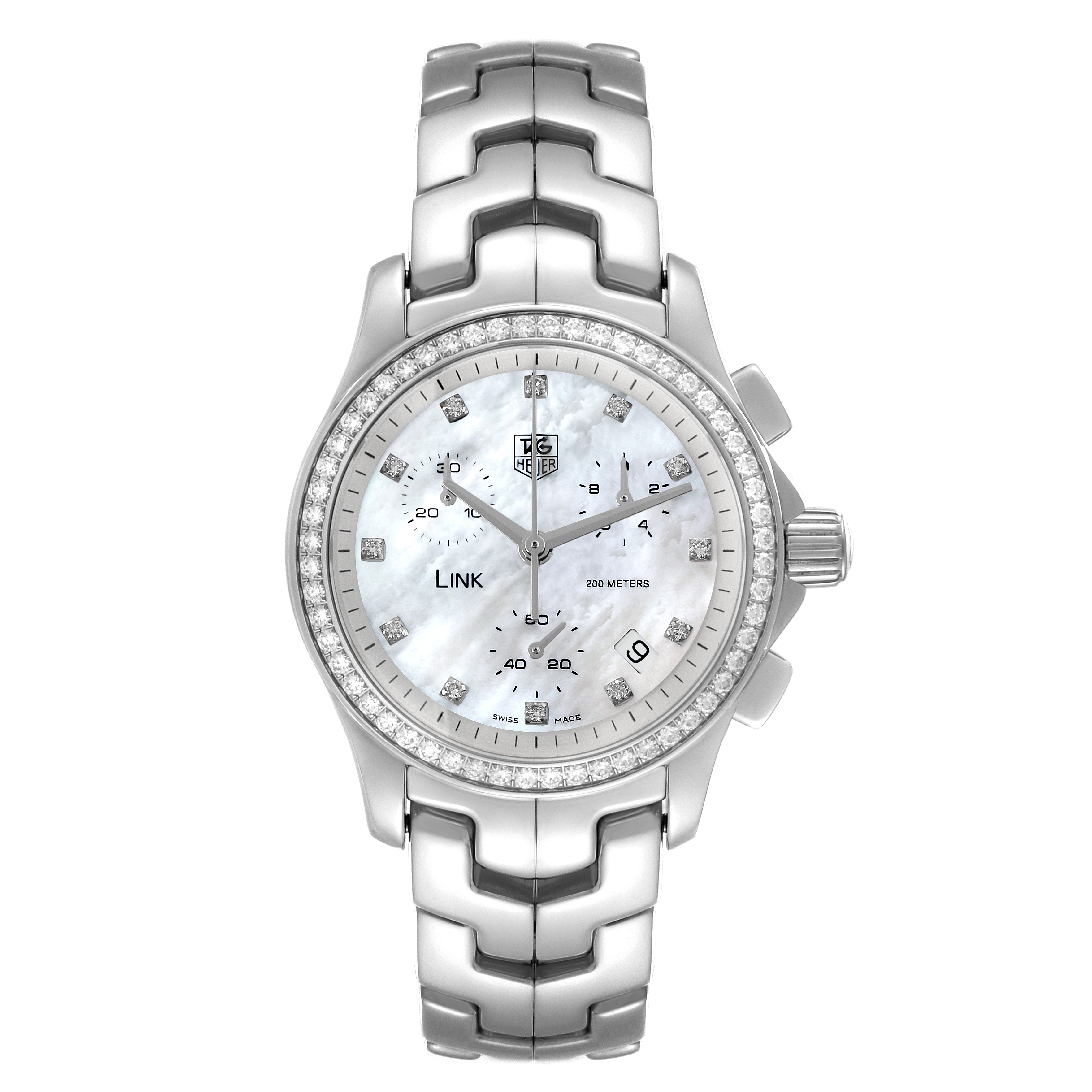 The Tag Heuer Link CJF1314 Women's Stainless Steel Mother of Pearl Dial CJF1314 Women's Stainless Steel Mother of Pearl Dial model watch is shown from a front angle, displaying its face, dial, bezel, and bracelet. 