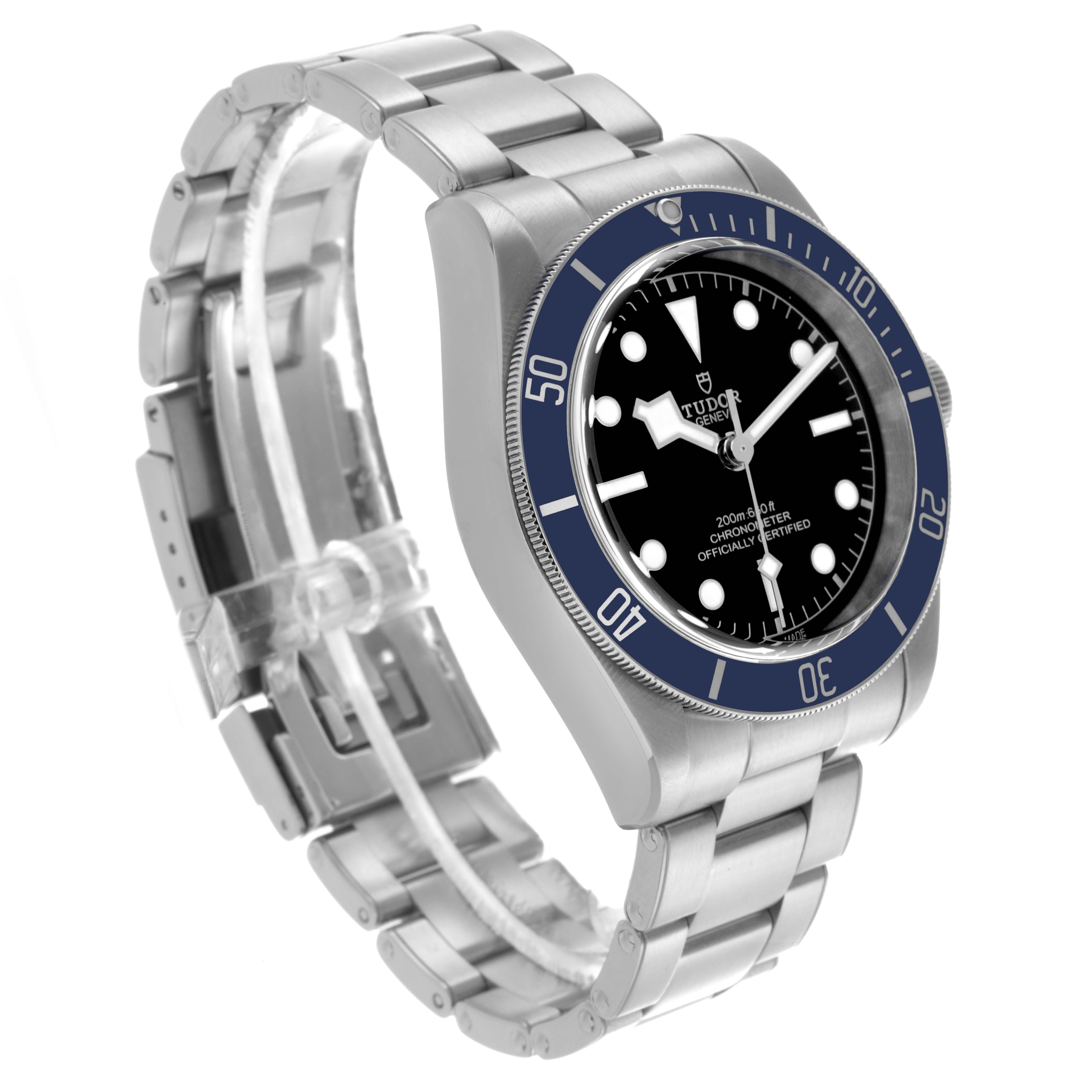 The Tudor Heritage Black Bay 79230B Men's Stainless Steel Black Dial 79230B Men's Stainless Steel Black Dial watch is shown at a slight top-side angle, highlighting its bezel, dial, and bracelet.