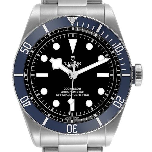 The image shows a front view of the Tudor Heritage Black Bay watch, highlighting its dial, bezel, and bracelet links.