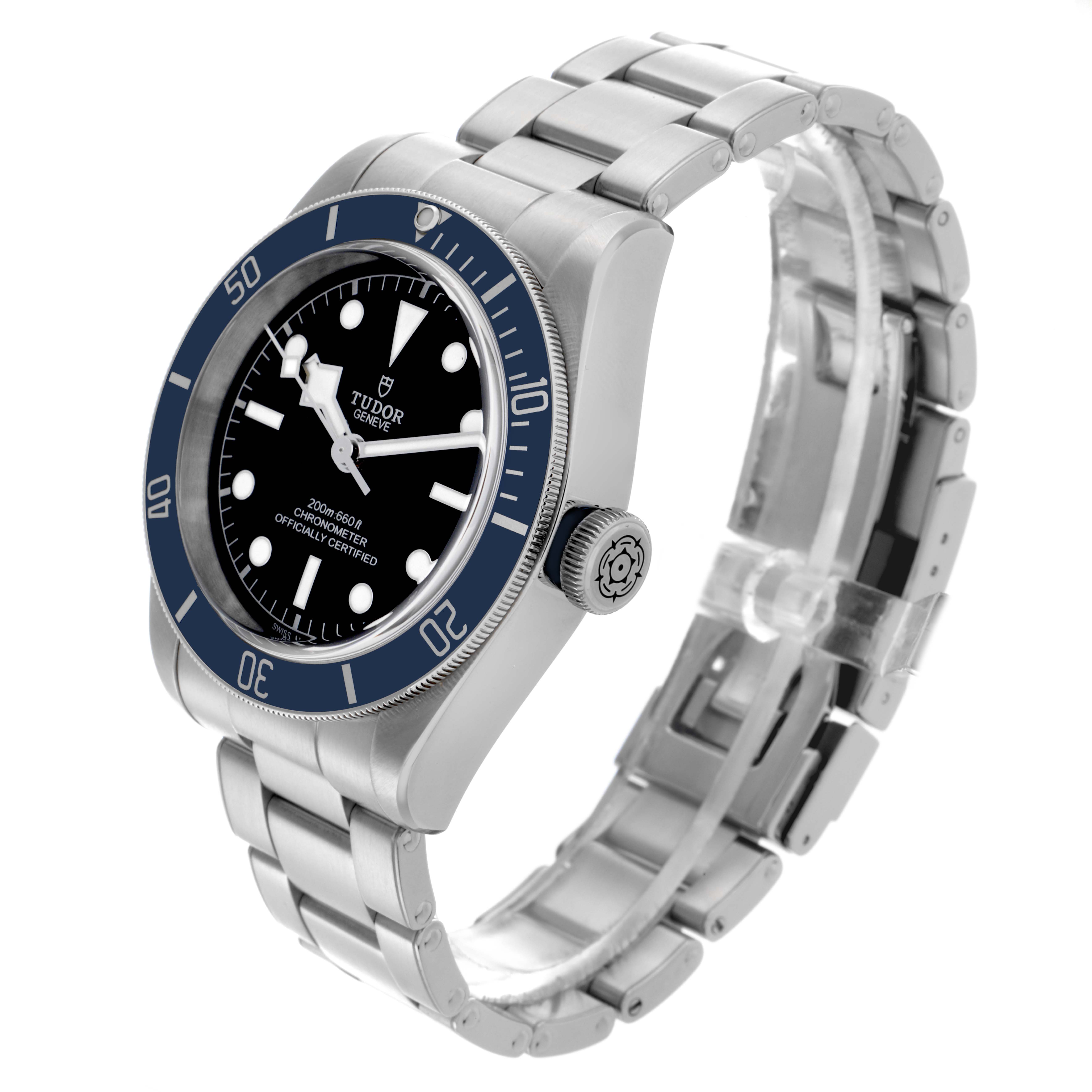The Tudor Heritage Black Bay 79230B Men's Stainless Steel Black Dial 79230B Men's Stainless Steel Black Dial watch is shown at a slightly angled side view, displaying the bezel, crown, and bracelet.
