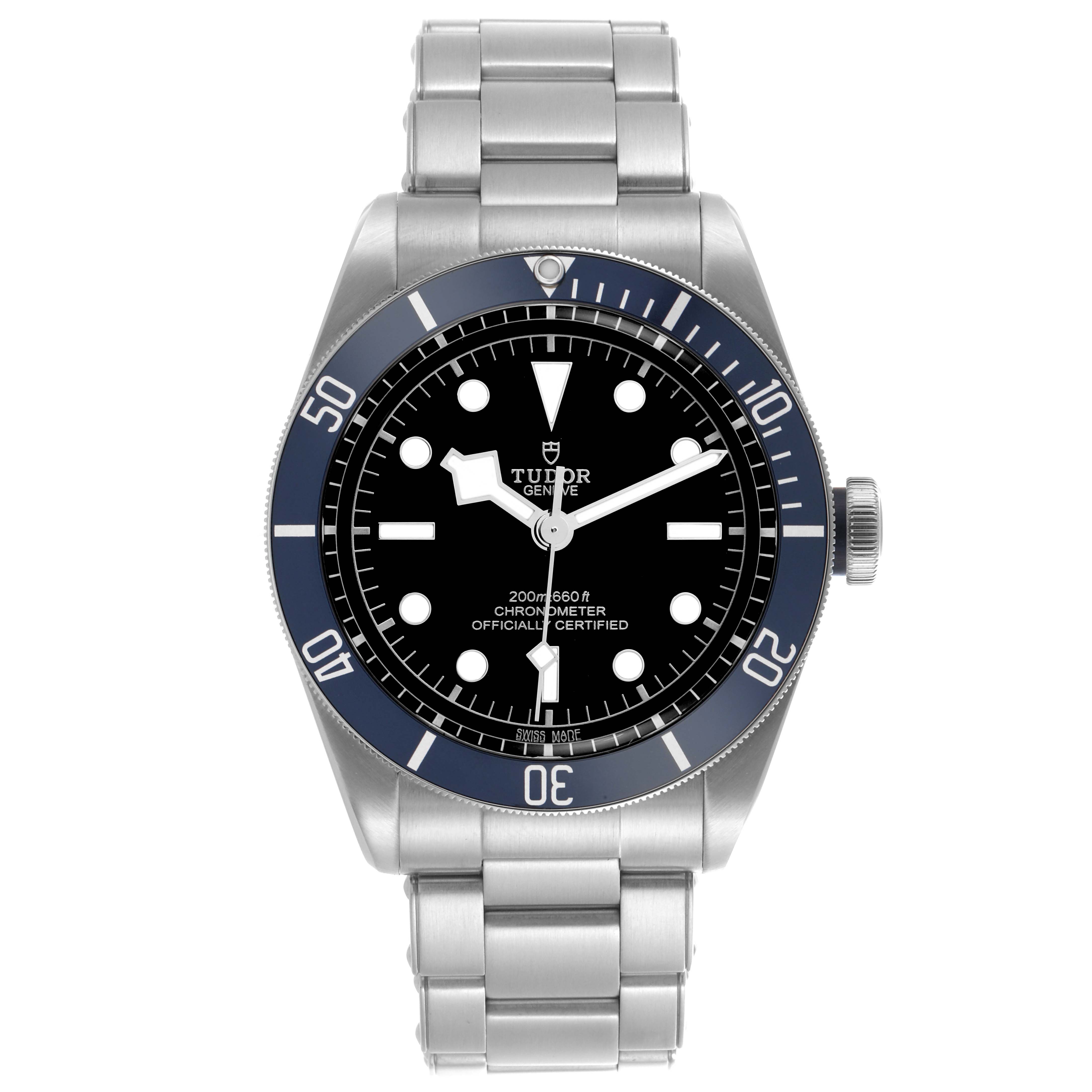The Tudor Heritage Black Bay 79230B Men's Stainless Steel Black Dial 79230B Men's Stainless Steel Black Dial watch is shown from the front, displaying the dial, bezel, case, and bracelet.