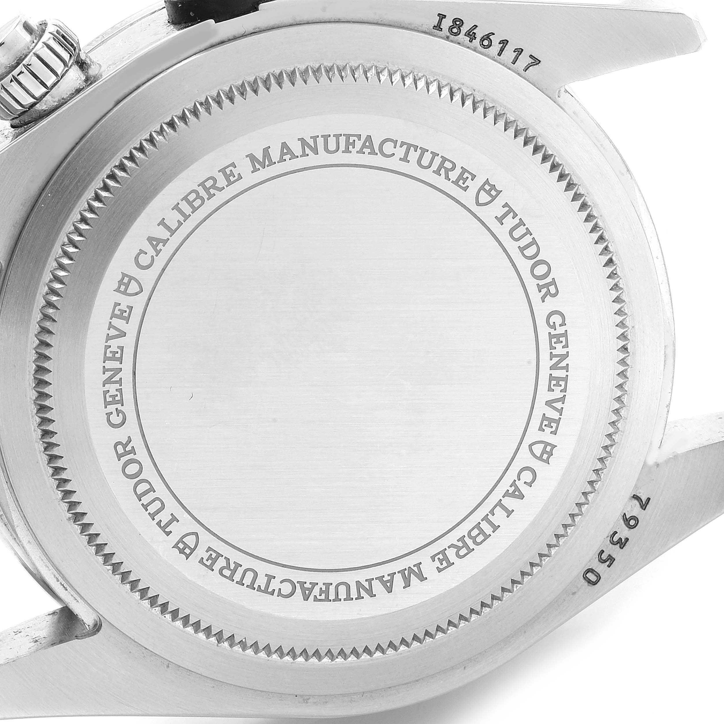 This image shows the case back of the Tudor Heritage Black Bay 79350 Men's Stainless Steel Black Dial 79350 Men's Stainless Steel Black Dial watch, with visible engravings.