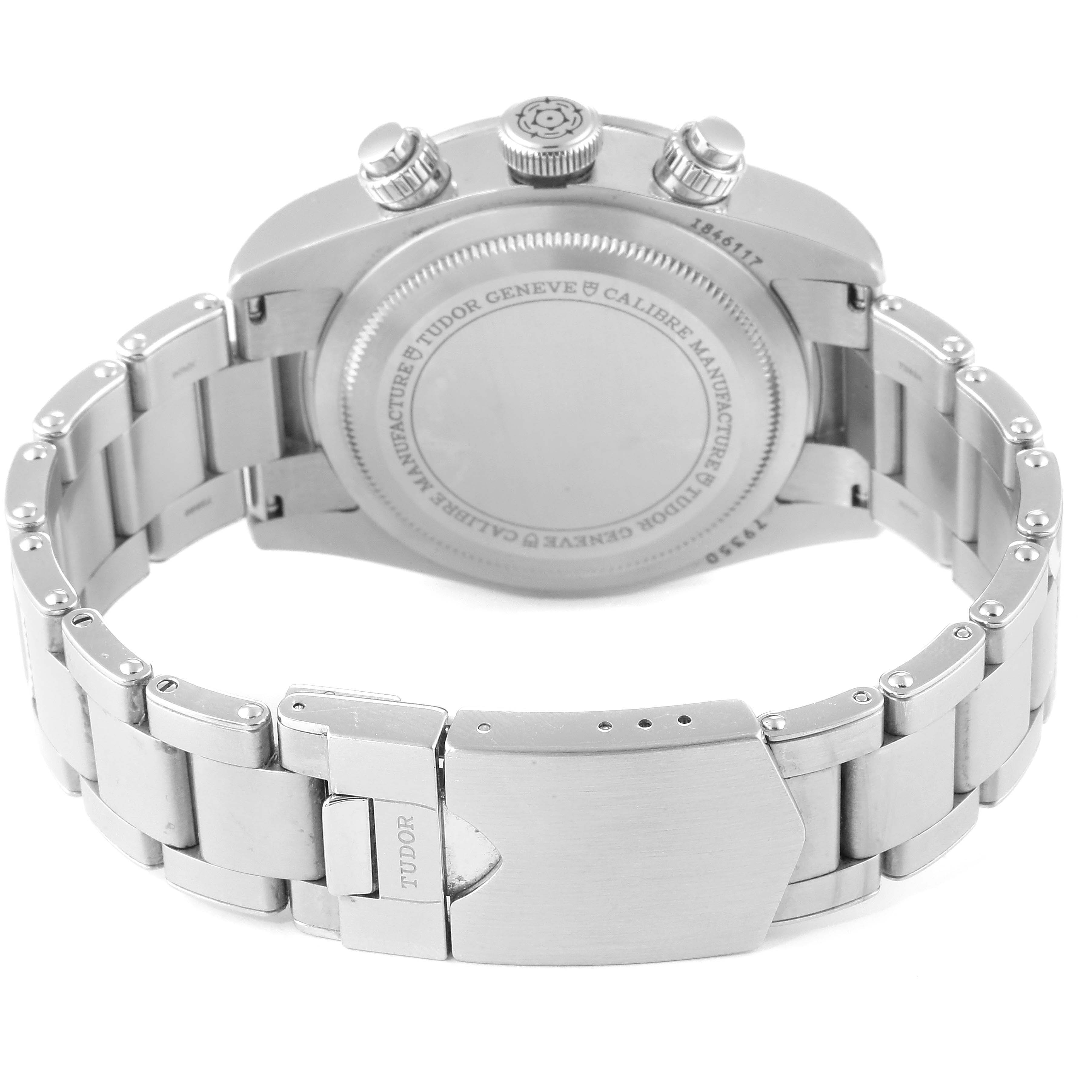 This image shows the back view of a Tudor Heritage Black Bay 79350 Men's Stainless Steel Black Dial 79350 Men's Stainless Steel Black Dial watch, highlighting the case back and bracelet clasp.