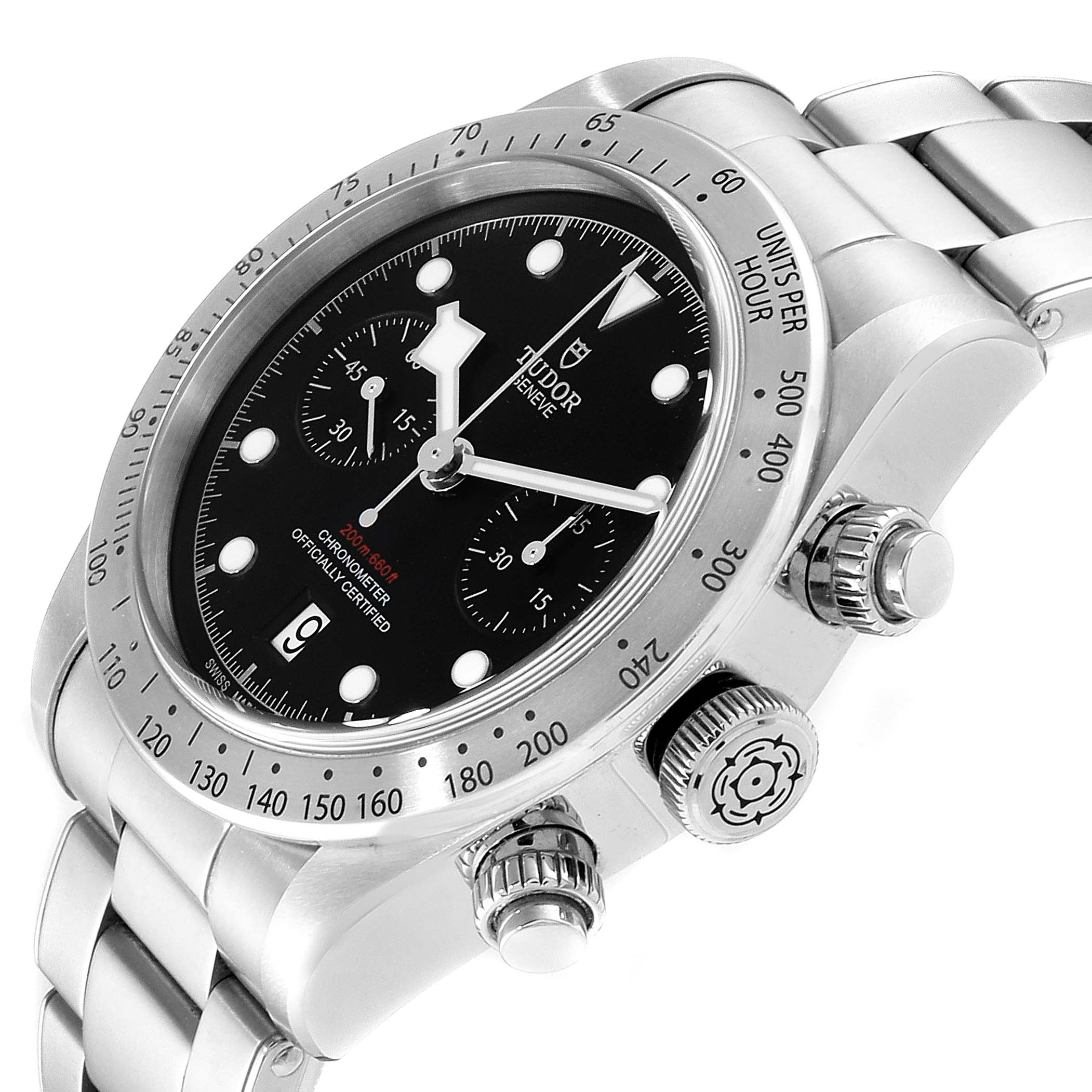 The Tudor Heritage Black Bay 79350 Men's Stainless Steel Black Dial 79350 Men's Stainless Steel Black Dial watch is shown at a slight angle with a focus on the dial, bezel, and crown.