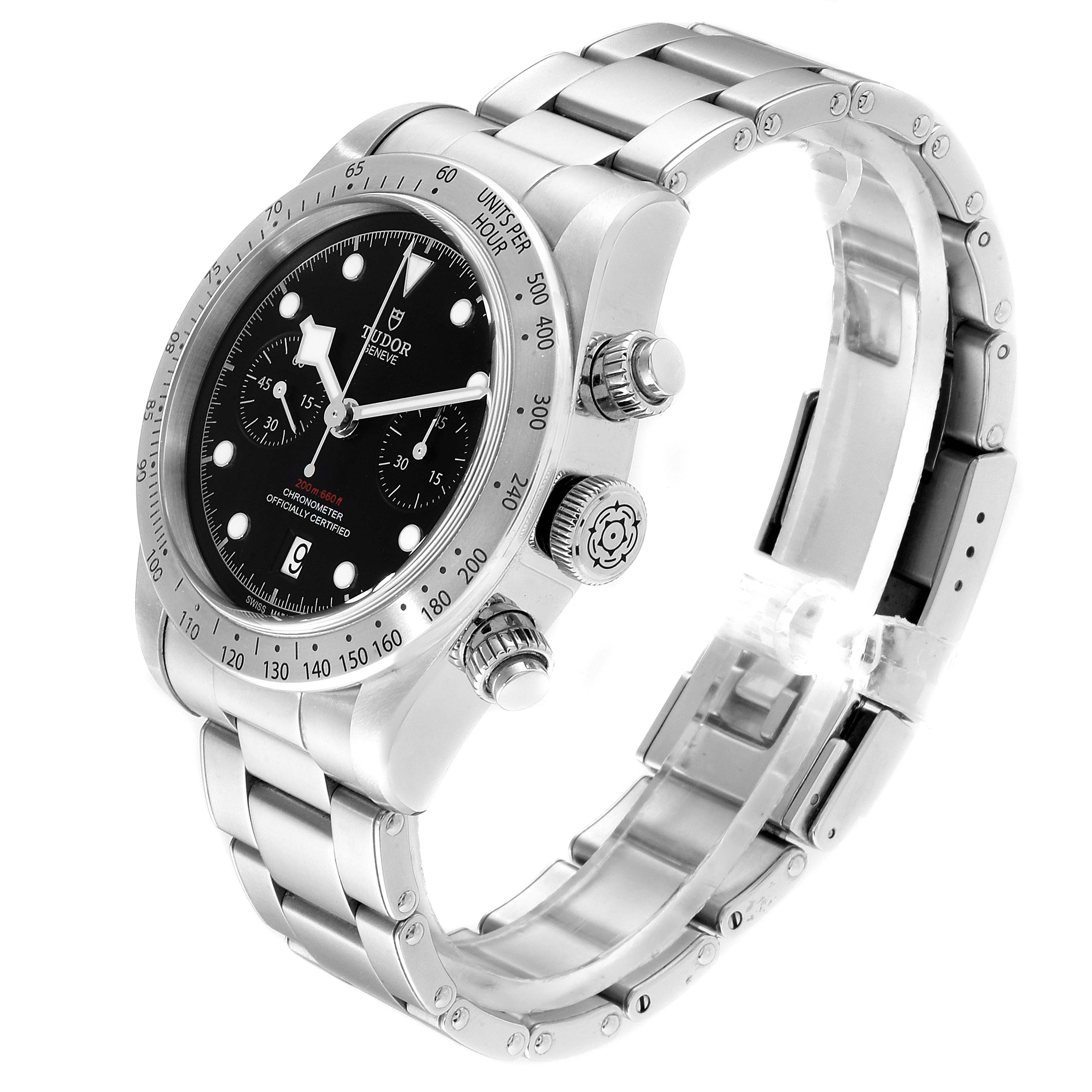 The Tudor Heritage Black Bay 79350 Men's Stainless Steel Black Dial 79350 Men's Stainless Steel Black Dial watch is shown from an angled side view, highlighting the face, bezel, crown, and bracelet.