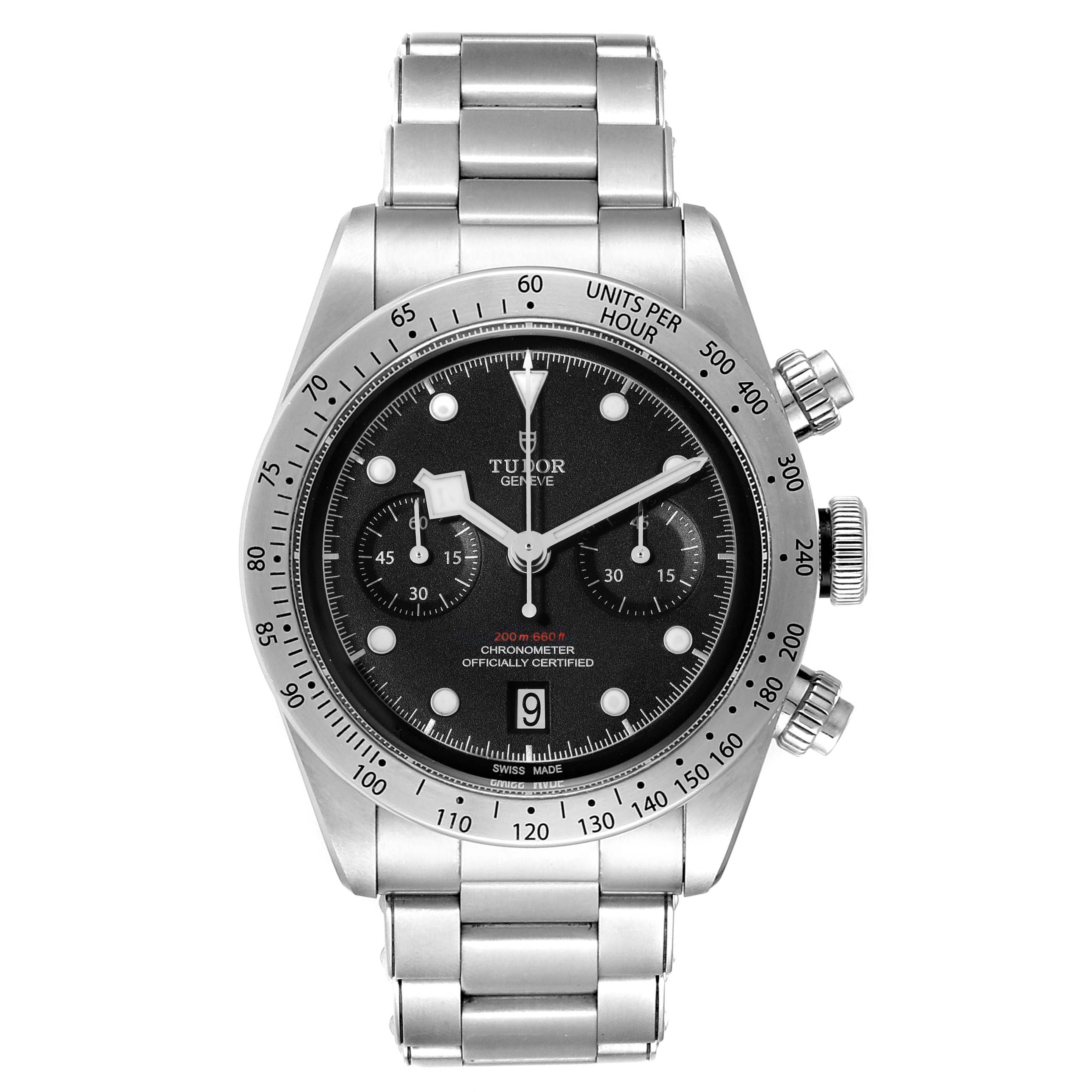 The image shows a frontal view of the Tudor Heritage Black Bay 79350 Men's Stainless Steel Black Dial 79350 Men's Stainless Steel Black Dial watch, displaying its face, bezel, bracelet, and chronograph pushers.