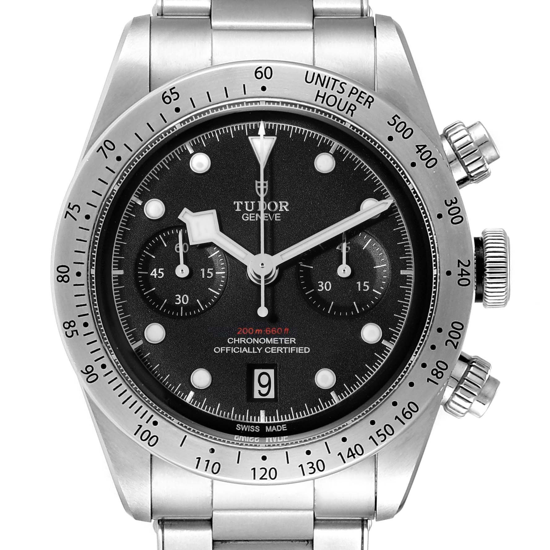 The image shows a frontal view of the Tudor Heritage Black Bay 79350 Men's Stainless Steel Black Dial 79350 Men's Stainless Steel Black Dial Chronometer watch, highlighting its dial, subdials, and bezel.