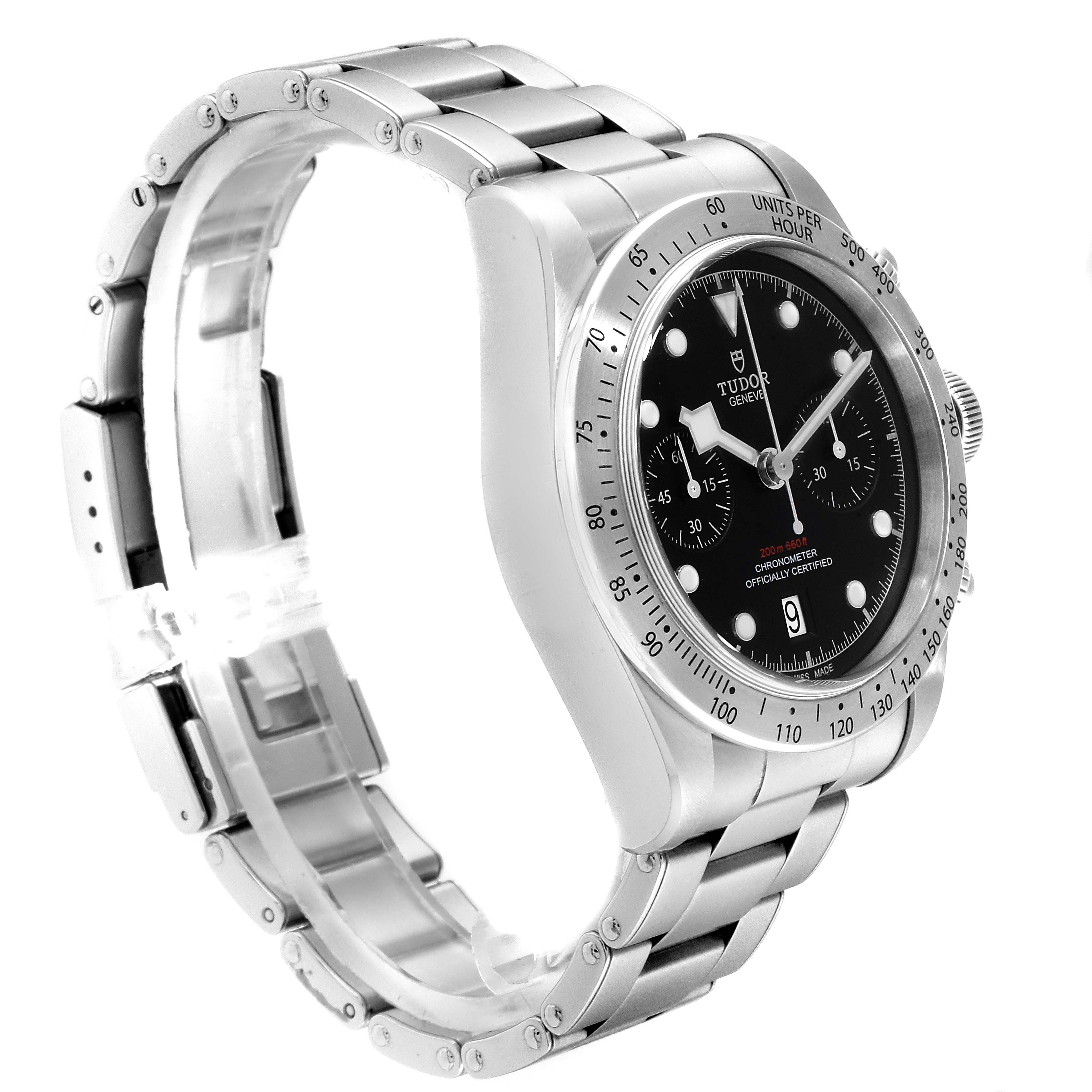 The image shows a side and partial-front view of a Tudor Heritage Black Bay 79350 Men's Stainless Steel Black Dial 79350 Men's Stainless Steel Black Dial watch, displaying its dial, bezel, and metal bracelet.