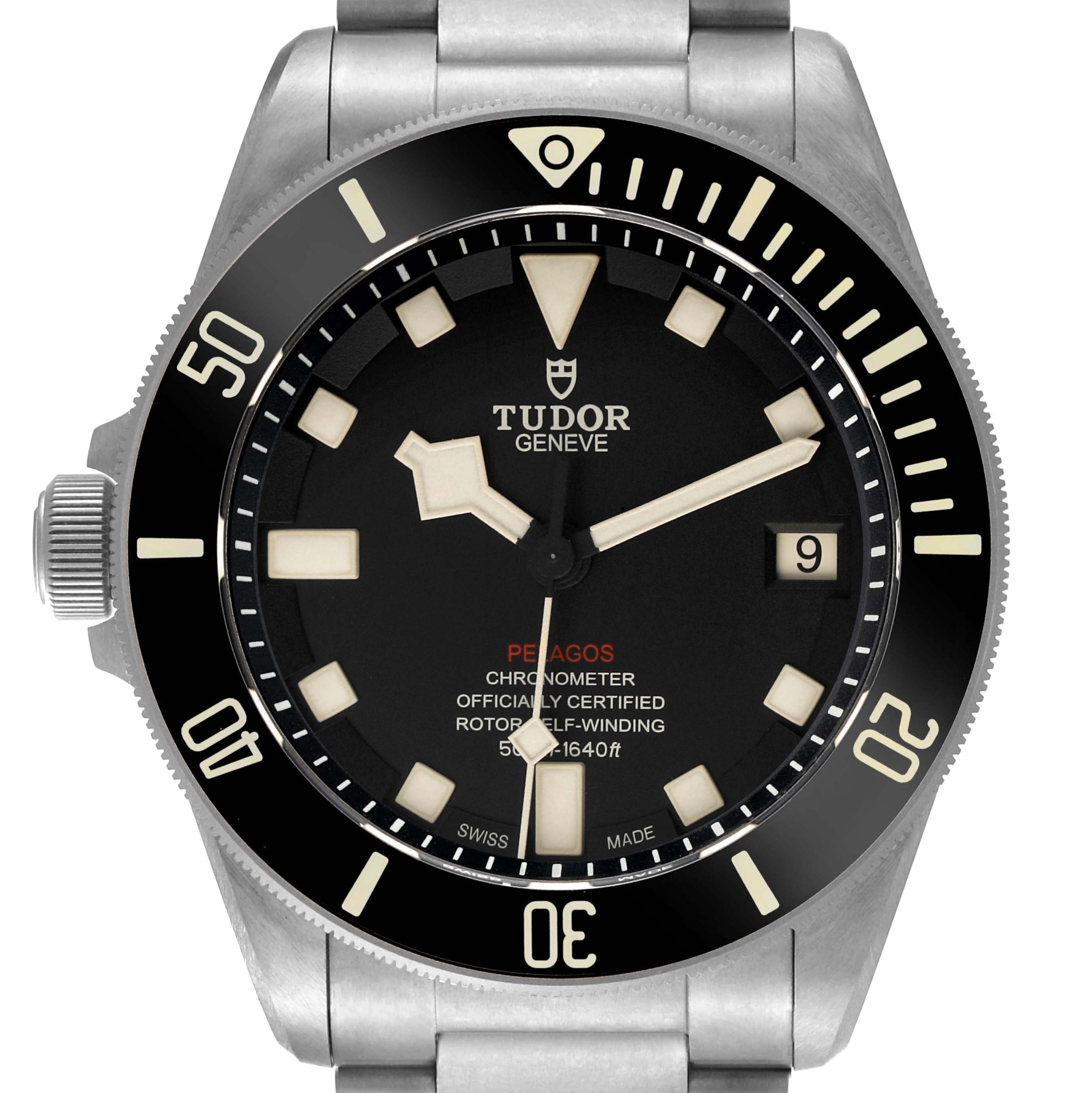 The Tudor Pelagos M25610TNL Men's Titanium Black Dial watch is shown front-facing, highlighting the dial, bezel, crown, and bracelet.