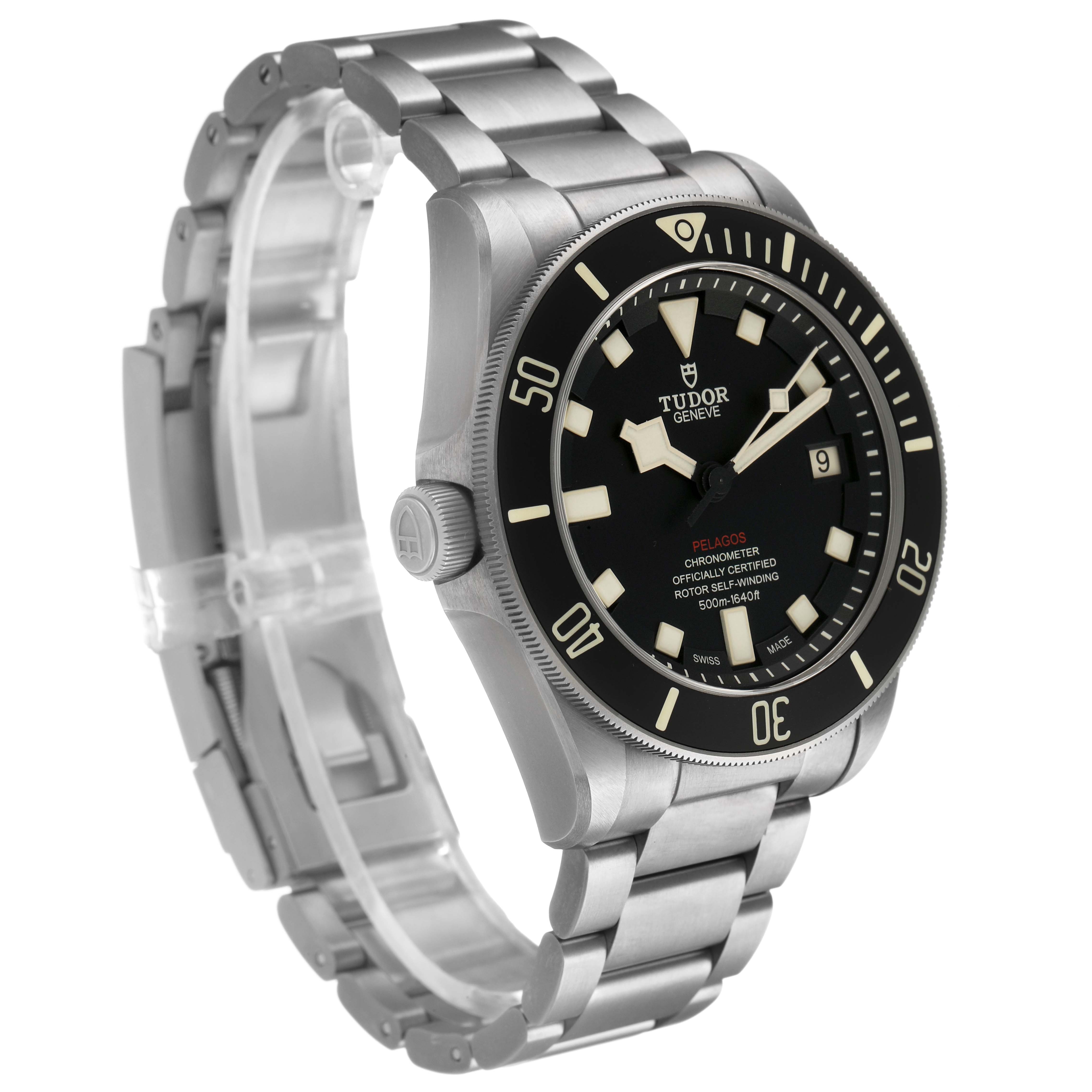 The Tudor Pelagos M25610TNL Men's Titanium Black Dial watch is shown at a three-quarter angle, featuring the face, bezel, crown, and bracelet.