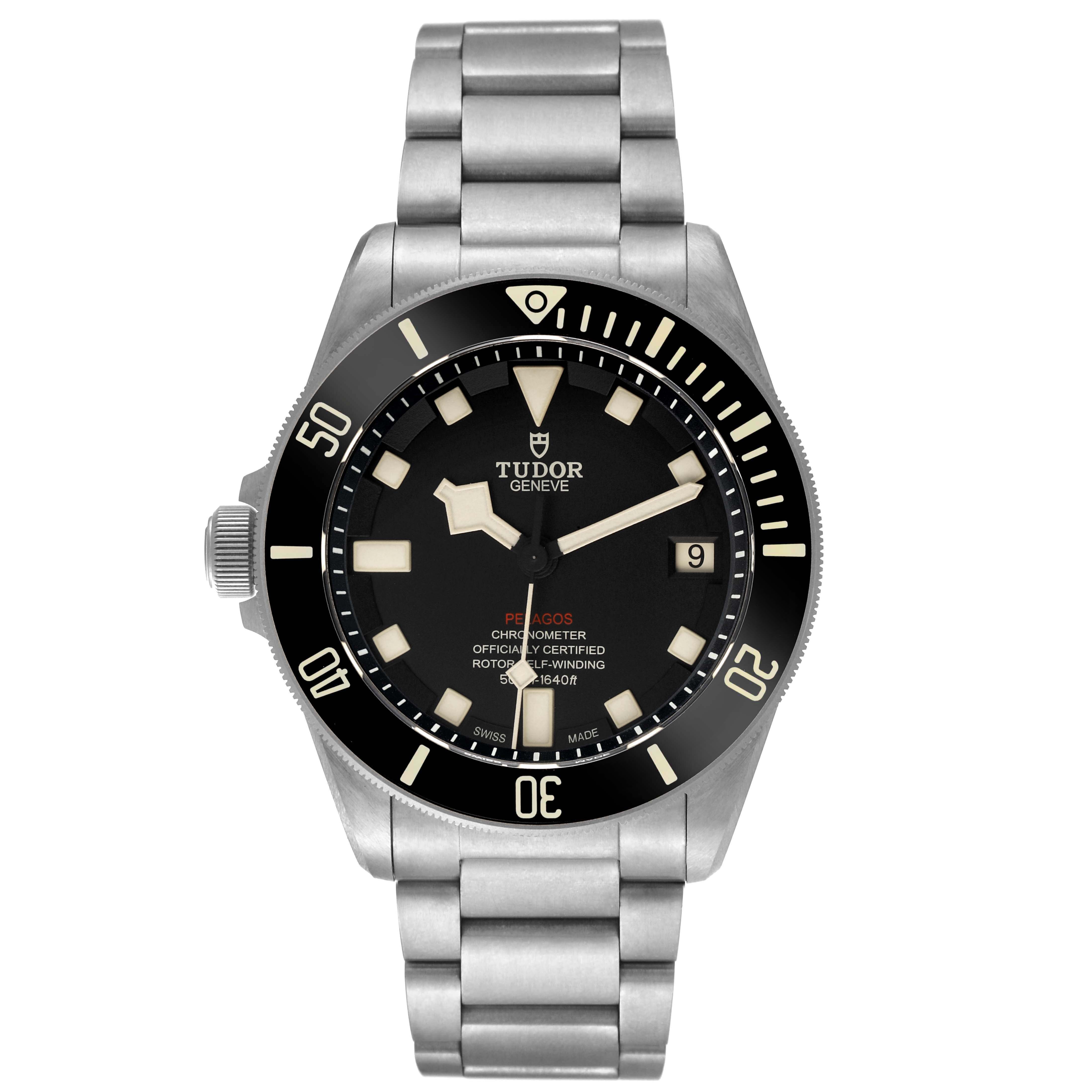 The Tudor Pelagos M25610TNL Men's Titanium Black Dial watch is shown from the front, displaying the face, bezel, and stainless steel bracelet.
