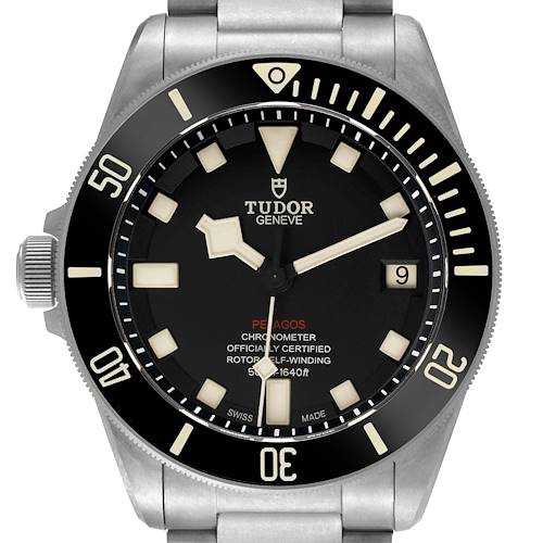 The image shows a front view of the Tudor Pelagos M25610TNL Men's Titanium Black Dial watch, highlighting the face, bezel, and part of the bracelet.