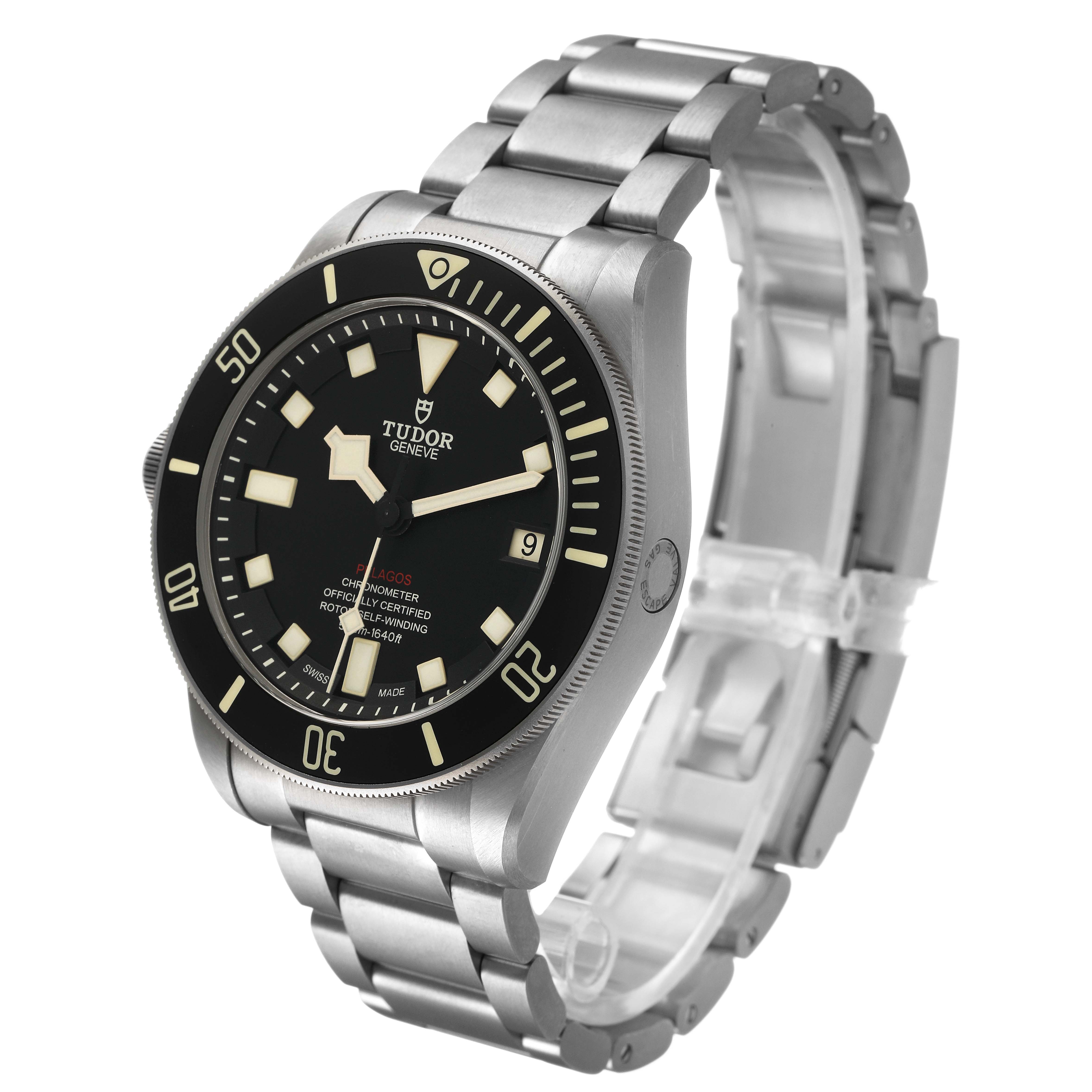 The Tudor Pelagos M25610TNL Men's Titanium Black Dial watch is shown at a three-quarter angle, highlighting the face, bezel, and bracelet.