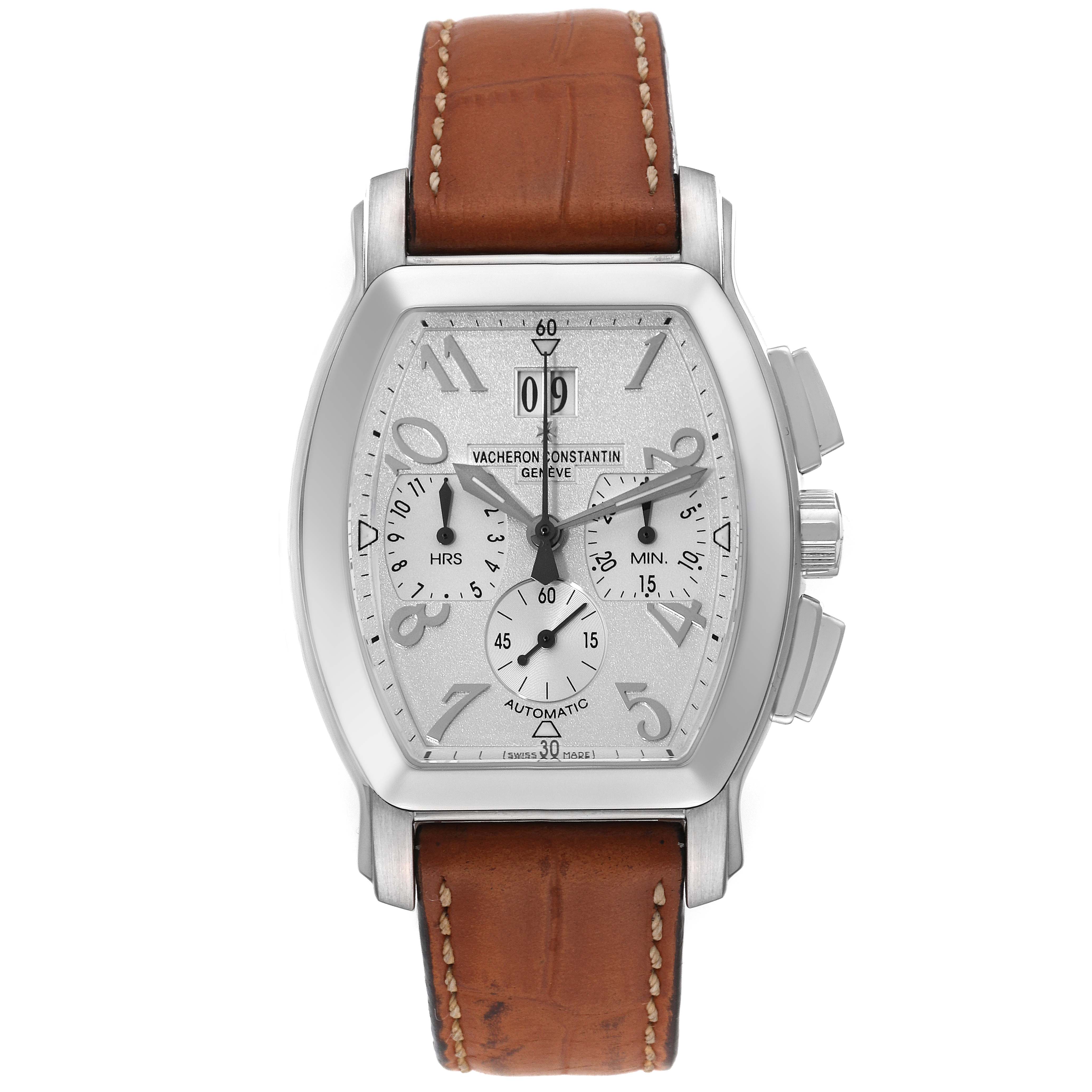 This image shows a front view of a Vintage Vacheron Constantin watch with a brown leather strap and silver dial.