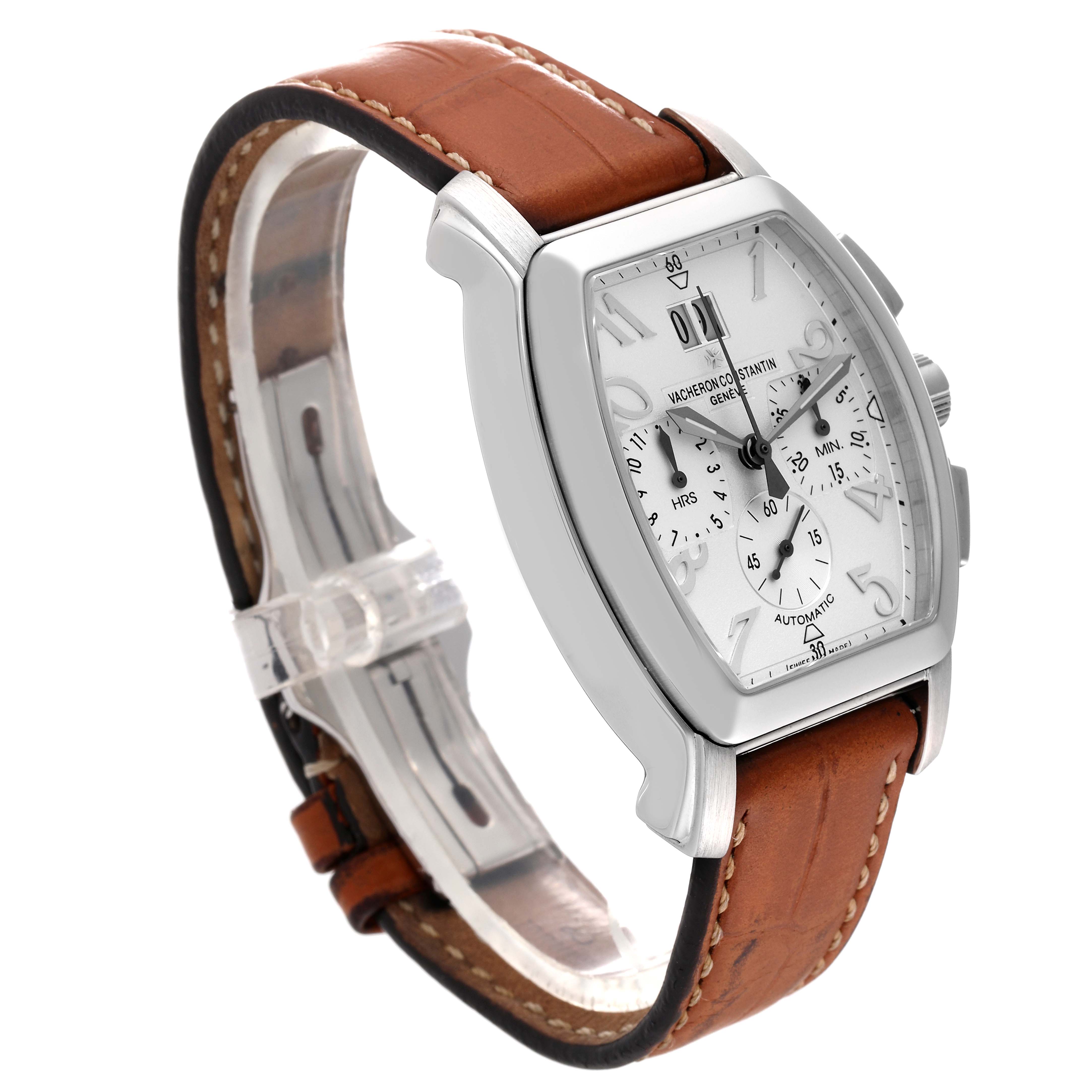 This image shows a side and top view of a Vintage Vacheron Constantin watch with a brown leather strap and a rectangular face.