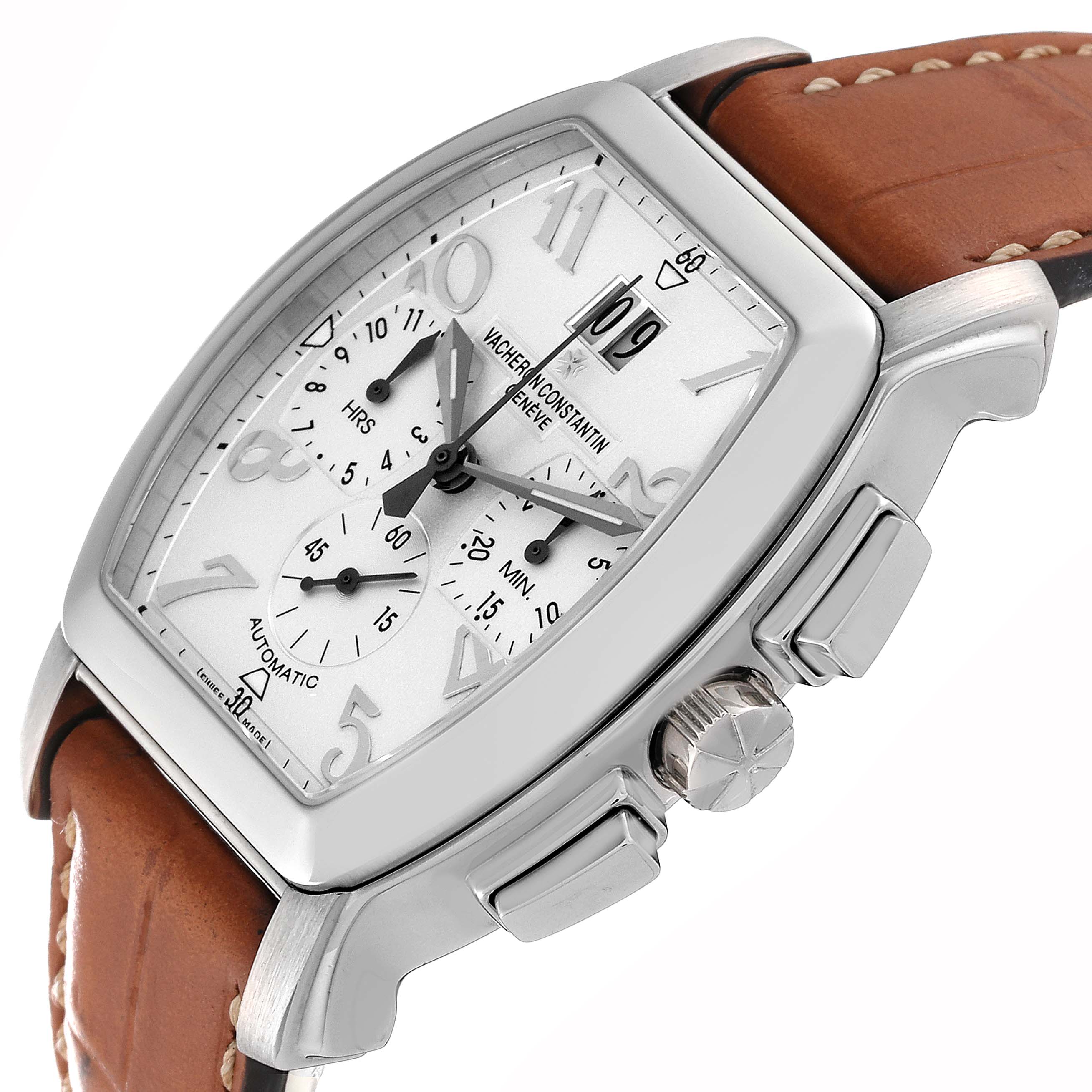 The image shows a side angle of the Vintage Vacheron Constantin watch, highlighting the dial, crown, pushers, and leather strap.