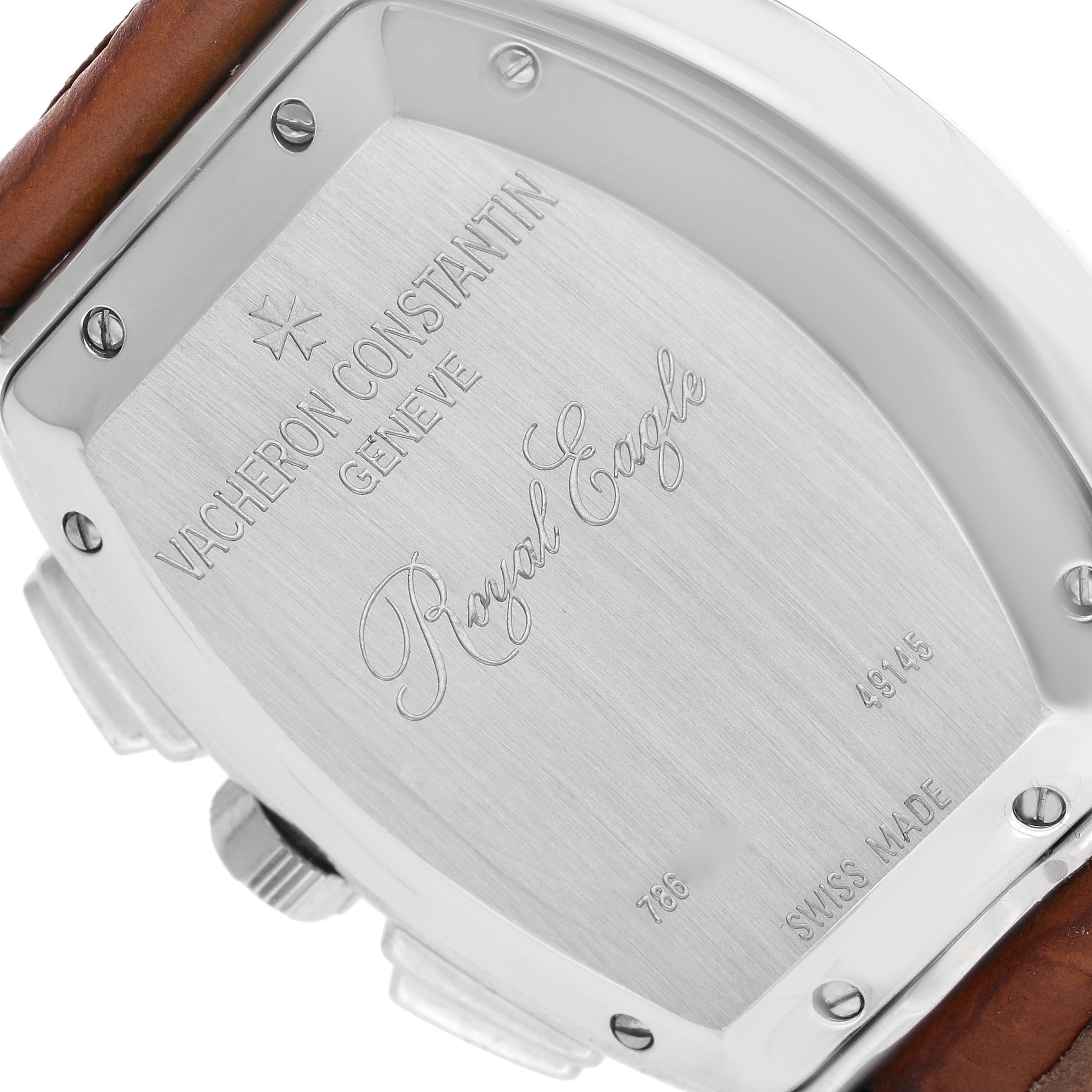 The image shows the back case of a Vacheron Constantin Royal Eagle 49145/000A Men's Stainless Steel Silver Dial 49145/000A Men's Stainless Steel Silver Dial Vintage watch at an angle with visible screws and leather strap.