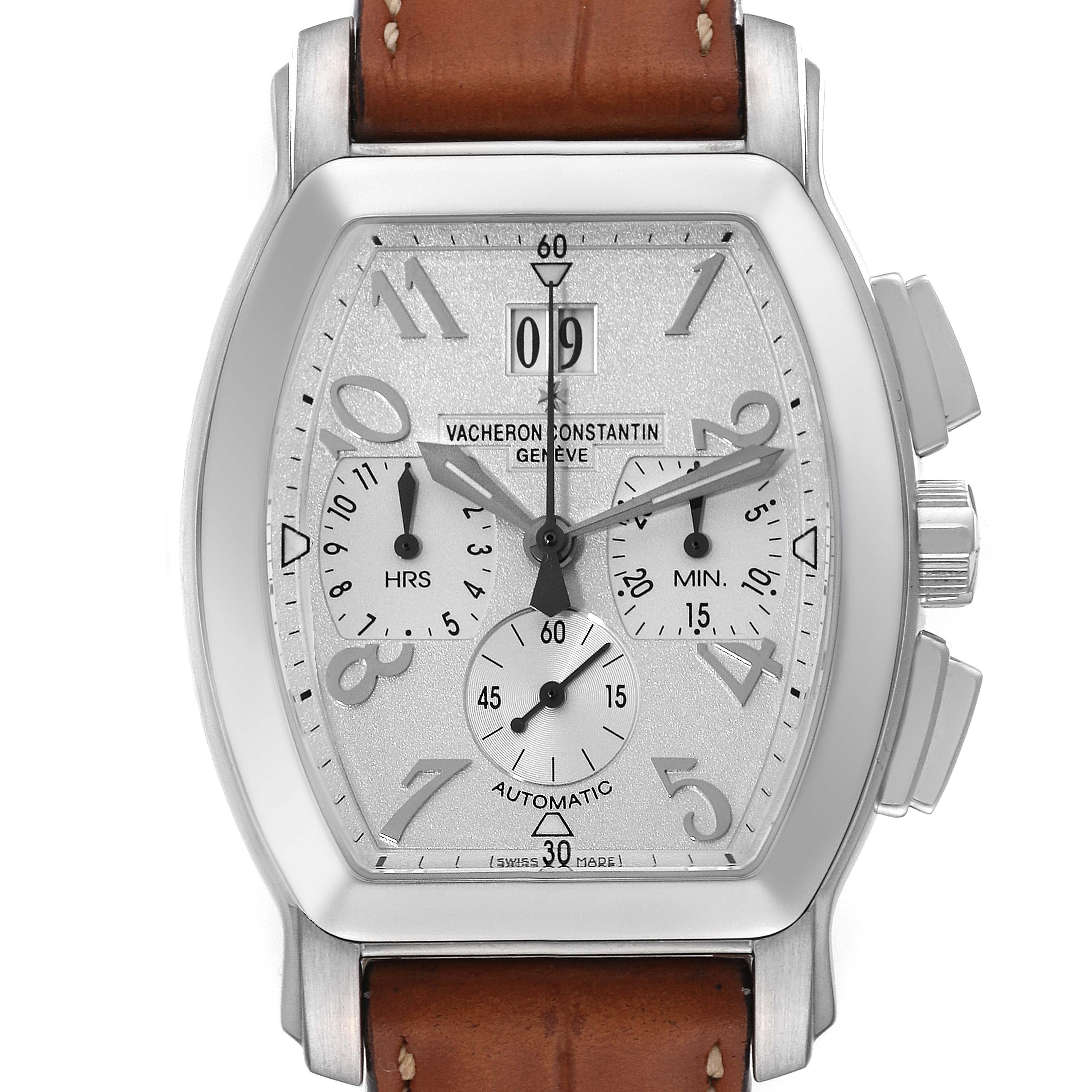 The image shows a frontal view of the Vacheron Constantin Royal Eagle 49145/000A Men's Stainless Steel Silver Dial 49145/000A Men's Stainless Steel Silver Dial watch, highlighting its face, dial, and leather strap.