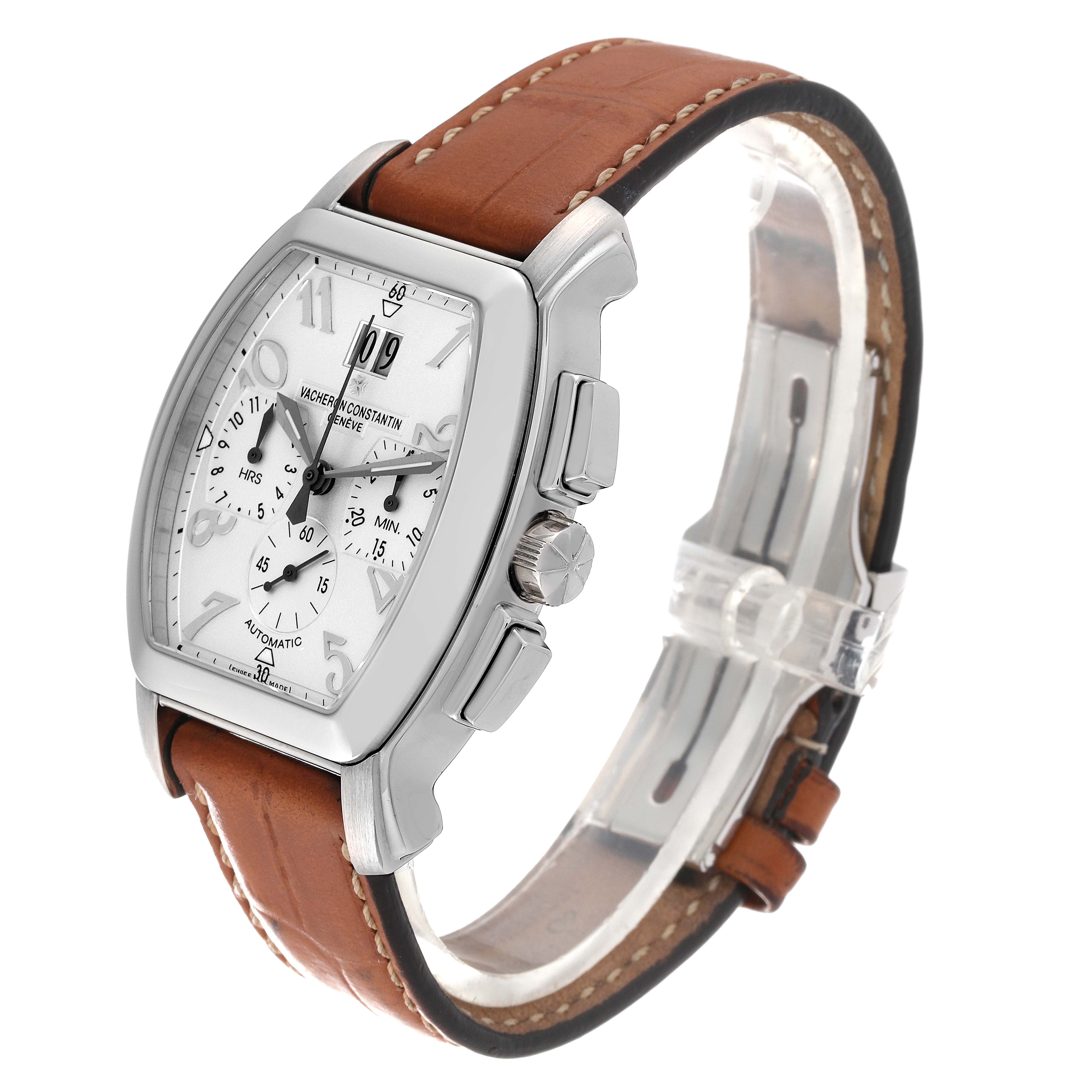 The image shows a Vacheron Constantin Vintage model watch at a 3/4 angle, highlighting its face, brown leather strap, and side buttons.