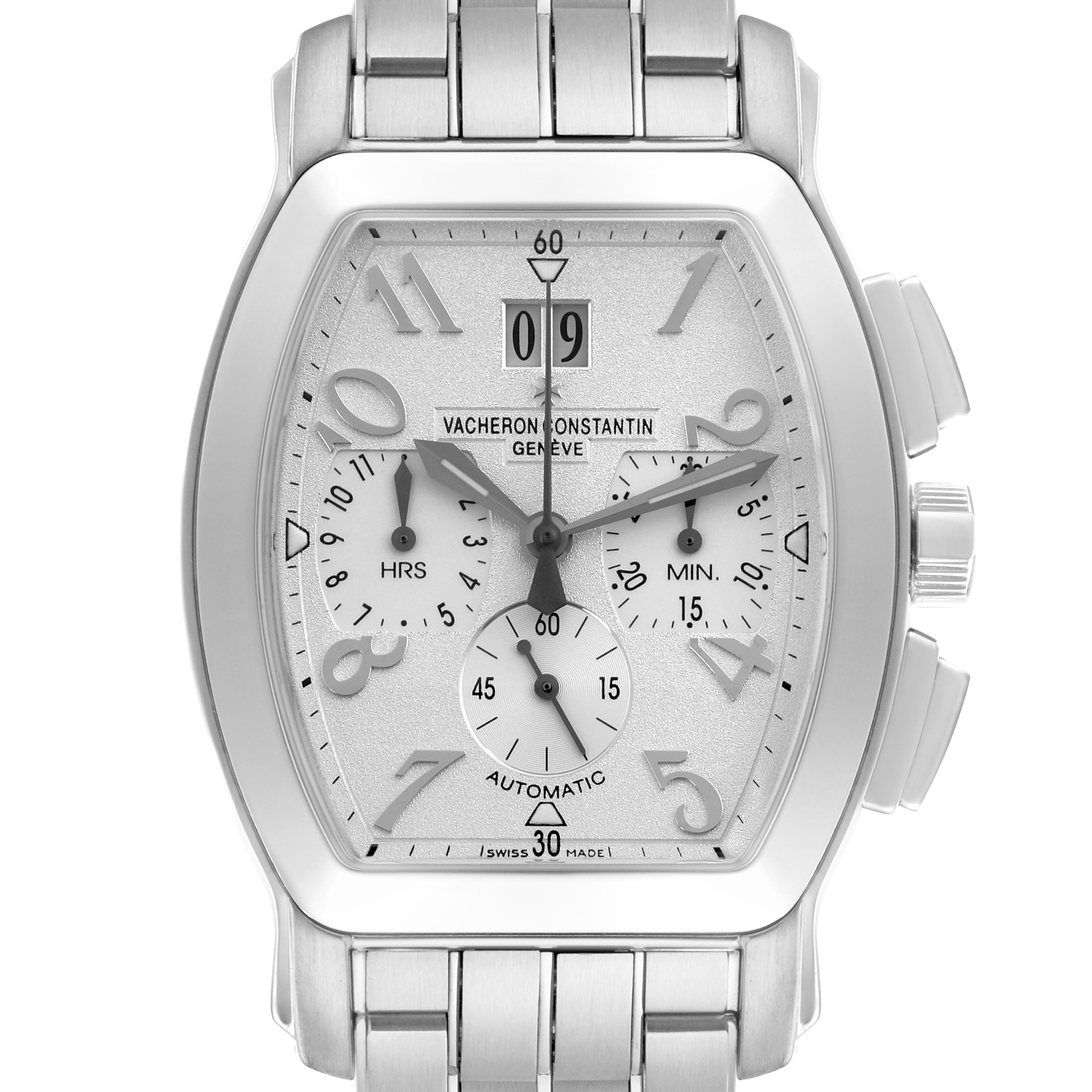 The Vacheron Constantin Royal Eagle 49145/339A-9058 Men's Stainless Steel Silver Dial 49145/339A-9058 Men's Stainless Steel Silver Dial watch is shown from the front, displaying the dial, subdials, and part of the bracelet.