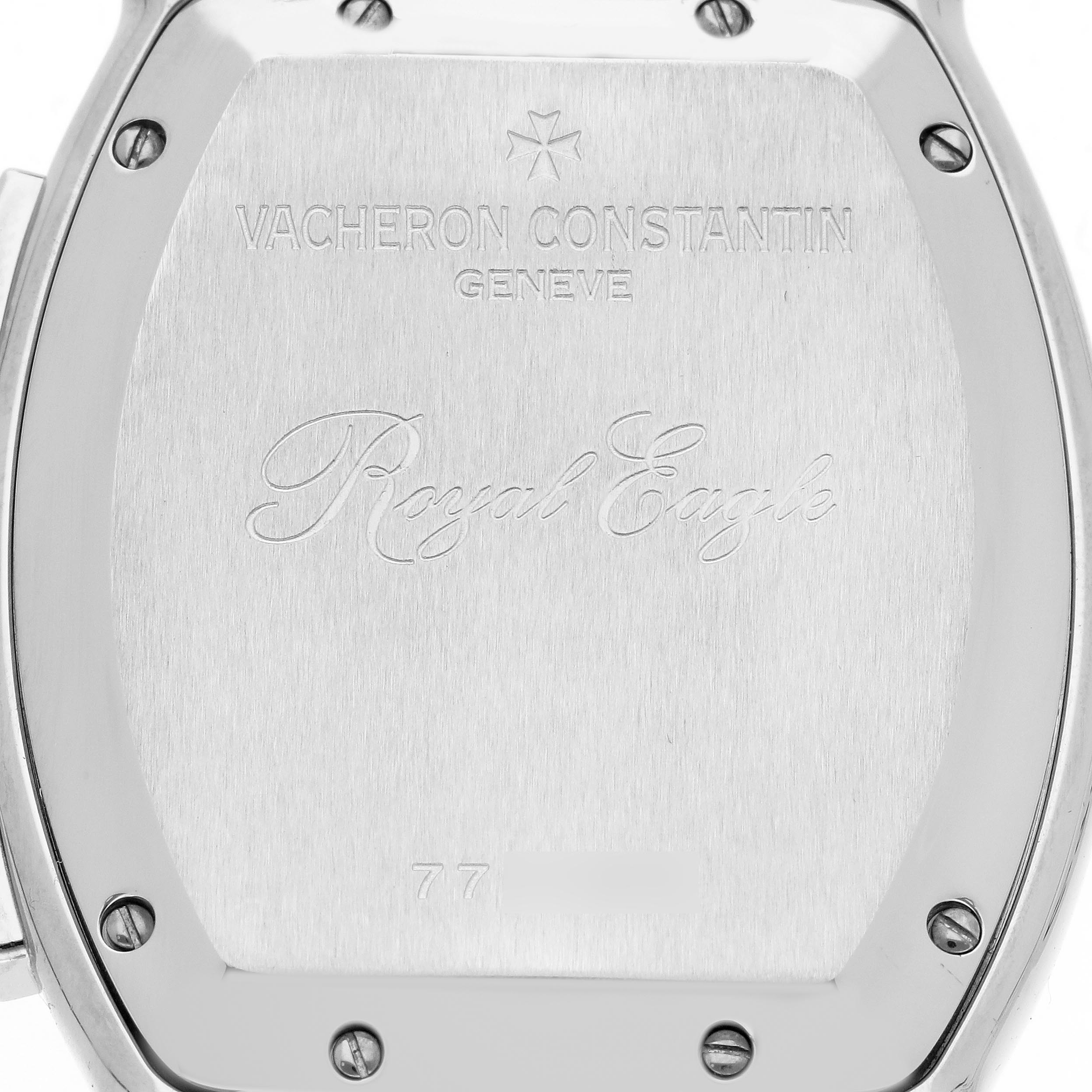 The image shows the back case of a Vacheron Constantin Royal Eagle 49145/339A-9058 Men's Stainless Steel Silver Dial 49145/339A-9058 Men's Stainless Steel Silver Dial watch, featuring the engraved model name and brand.